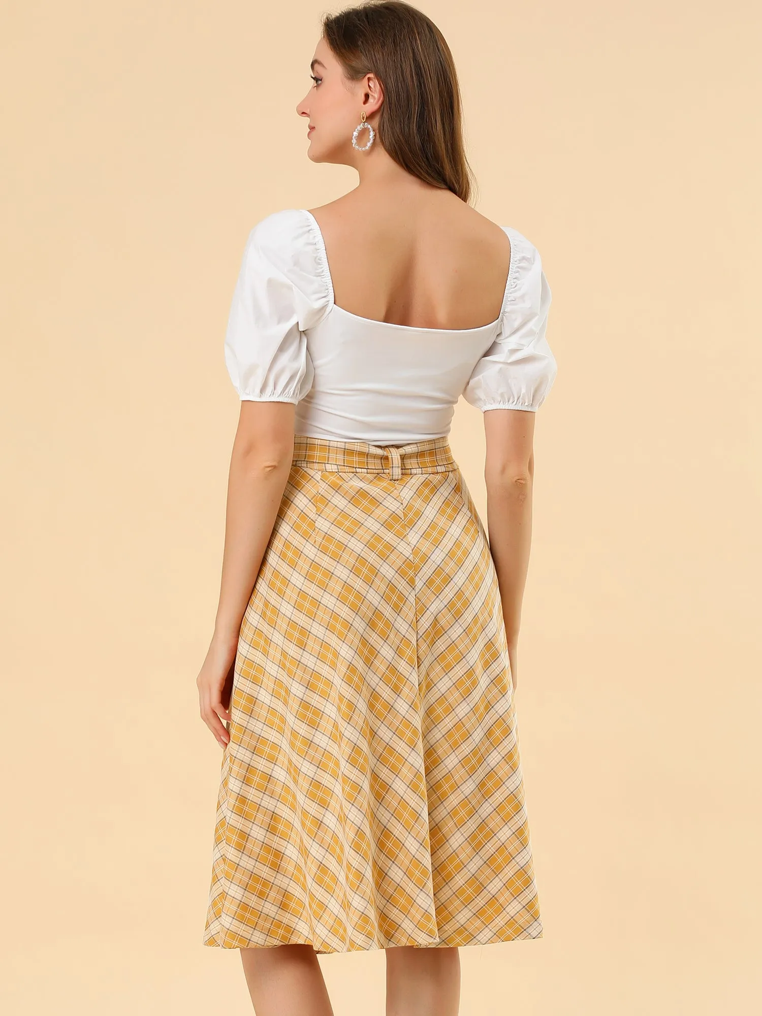 Christmas Tartan Plaid High Waist Belted Vintage A-Line Midi Skirt