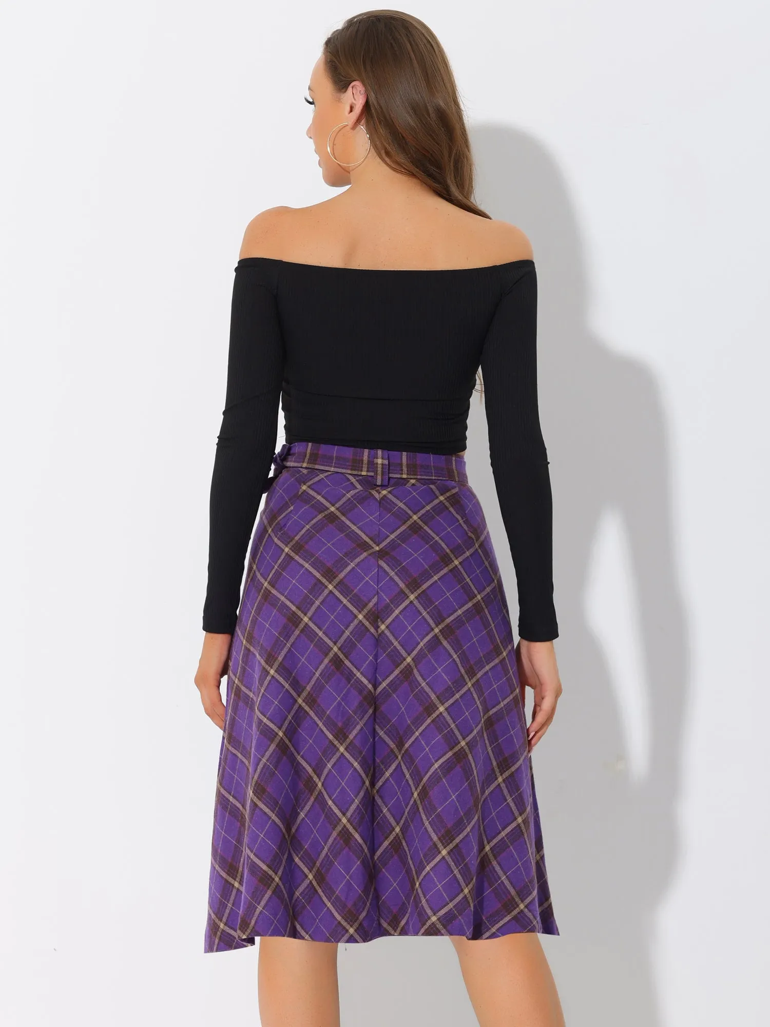 Christmas Tartan Plaid High Waist Belted Vintage A-Line Midi Skirt