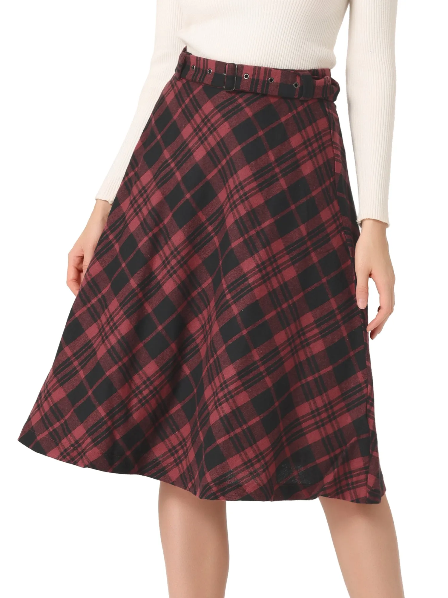 Christmas Tartan Plaid High Waist Belted Vintage A-Line Midi Skirt