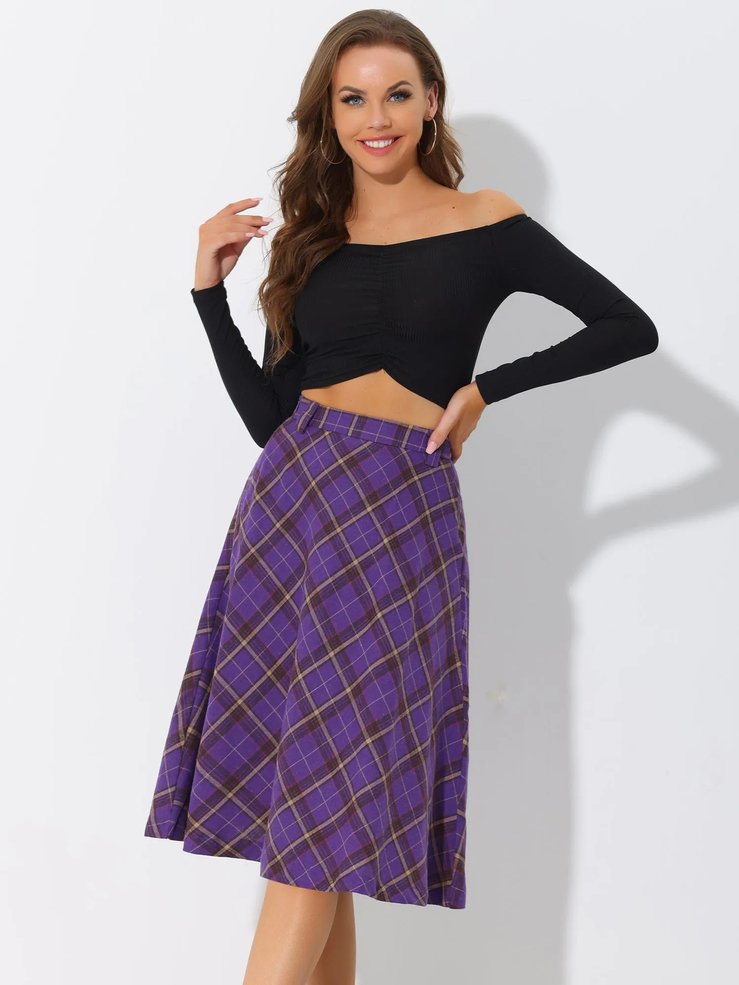 Christmas Tartan Plaid High Waist Belted Vintage A-Line Midi Skirt