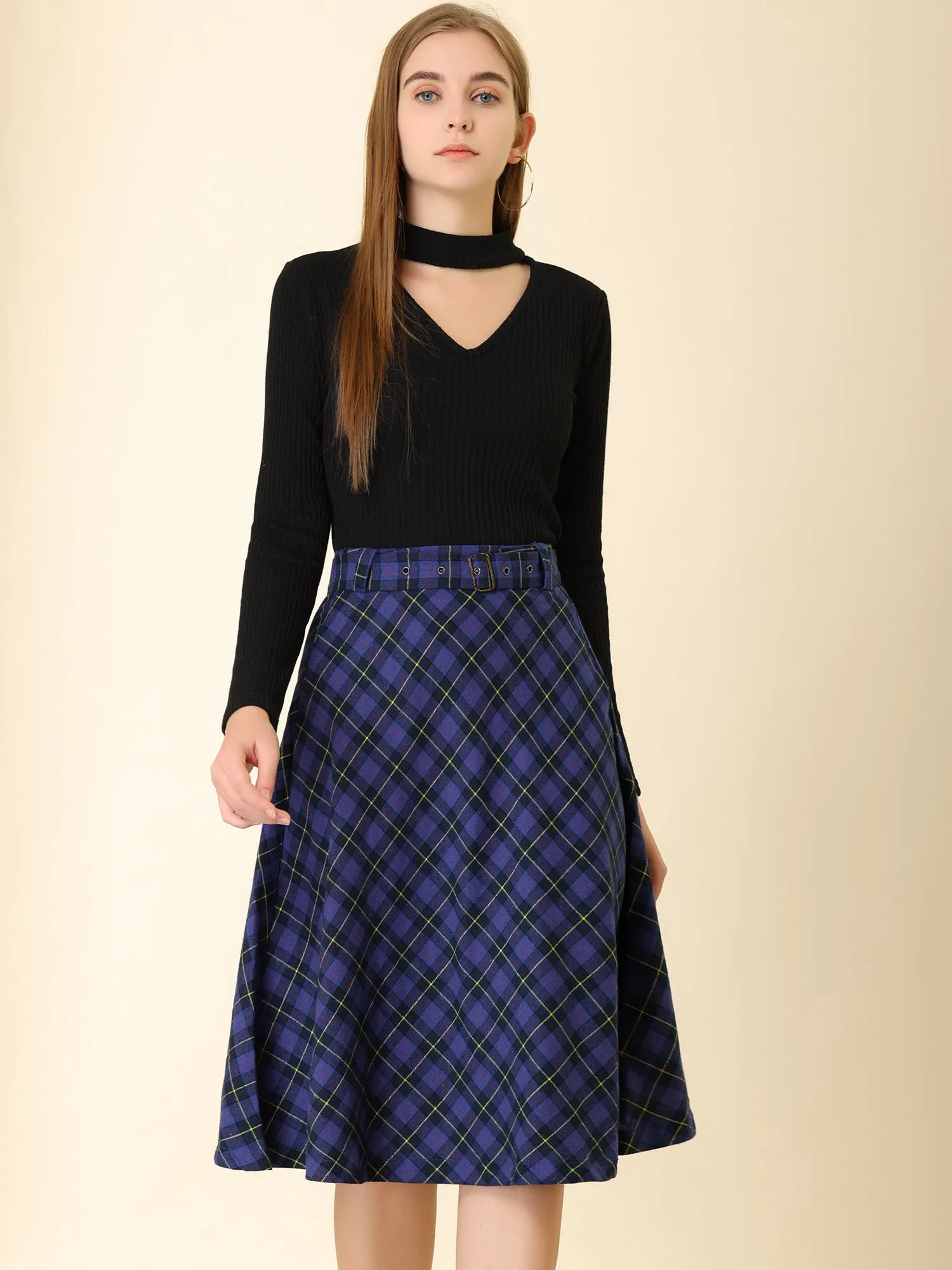 Christmas Tartan Plaid High Waist Belted Vintage A-Line Midi Skirt