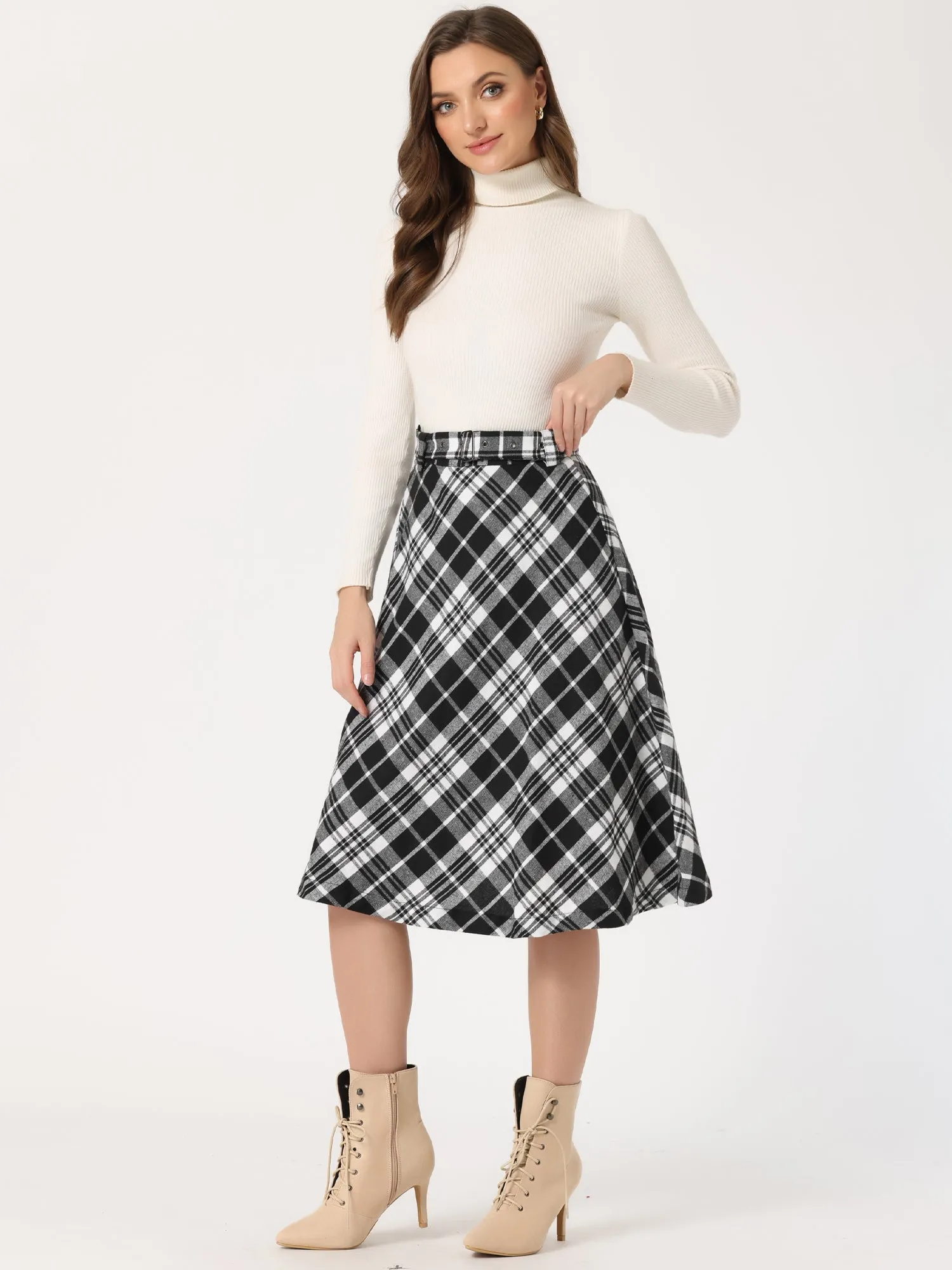 Christmas Tartan Plaid High Waist Belted Vintage A-Line Midi Skirt