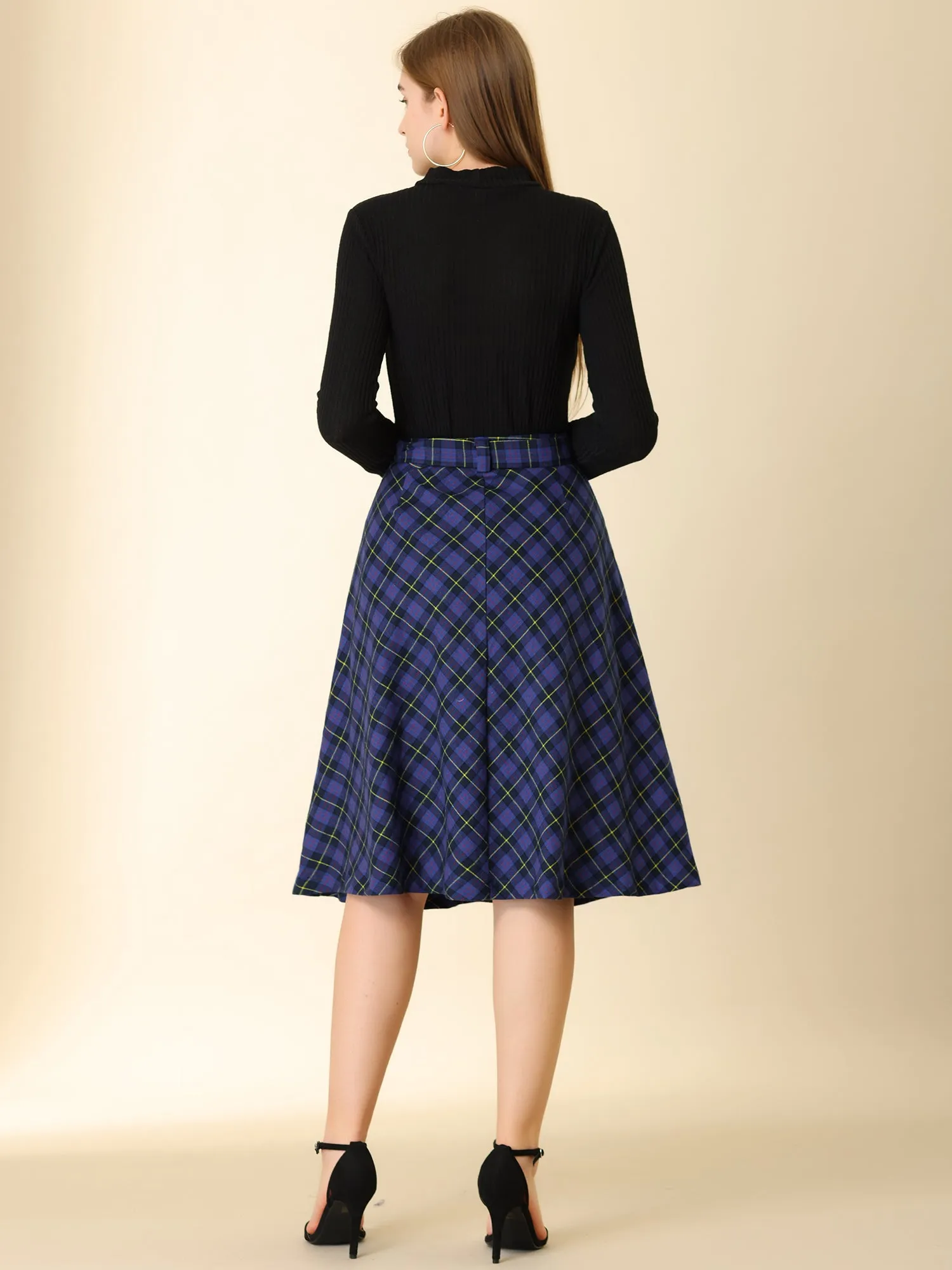 Christmas Tartan Plaid High Waist Belted Vintage A-Line Midi Skirt