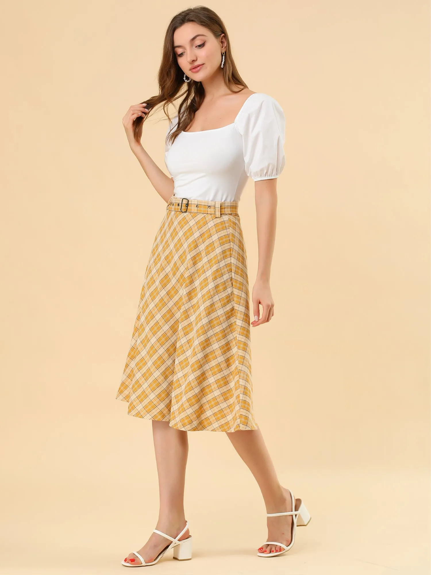 Christmas Tartan Plaid High Waist Belted Vintage A-Line Midi Skirt
