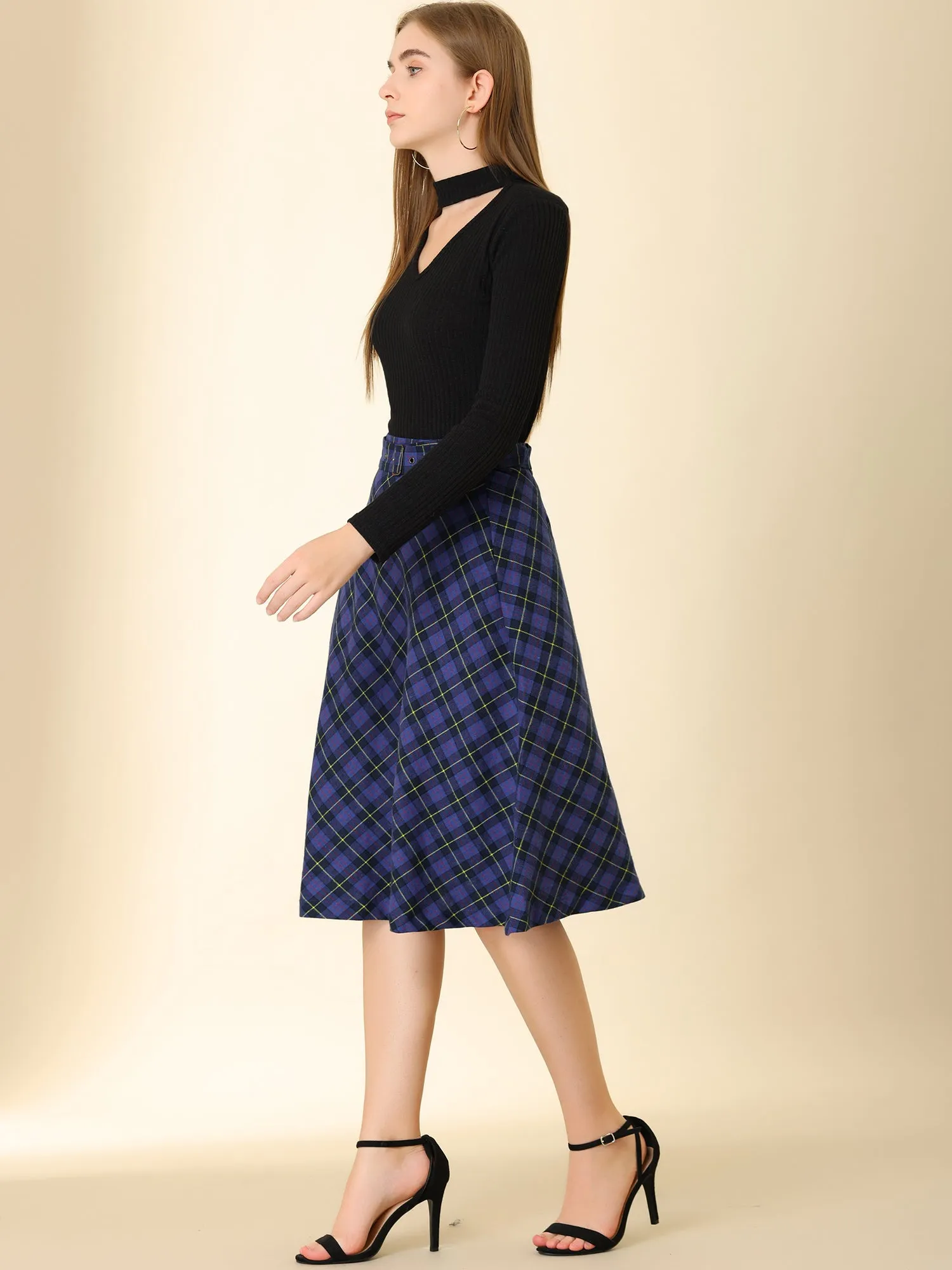 Christmas Tartan Plaid High Waist Belted Vintage A-Line Midi Skirt