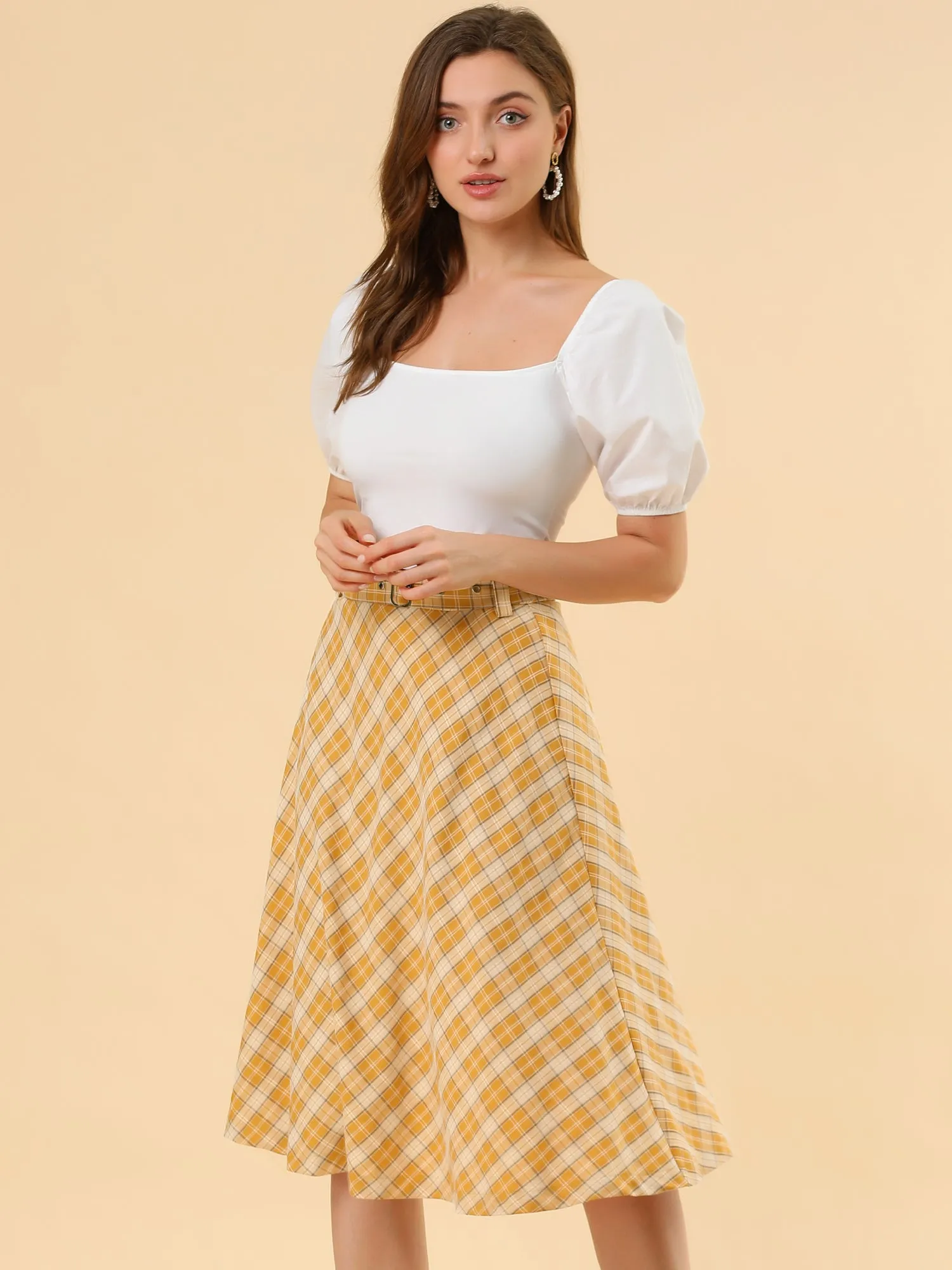 Christmas Tartan Plaid High Waist Belted Vintage A-Line Midi Skirt