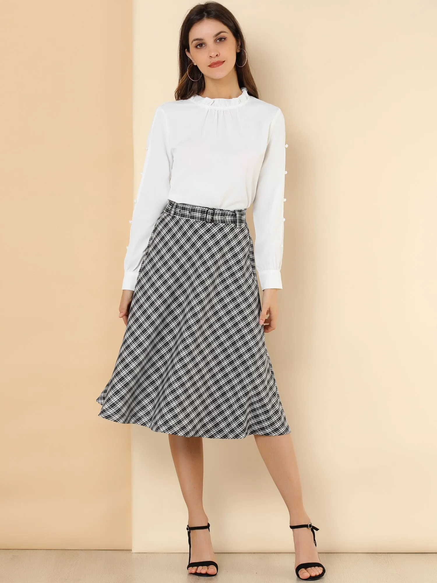 Christmas Tartan Plaid High Waist Belted Vintage A-Line Midi Skirt