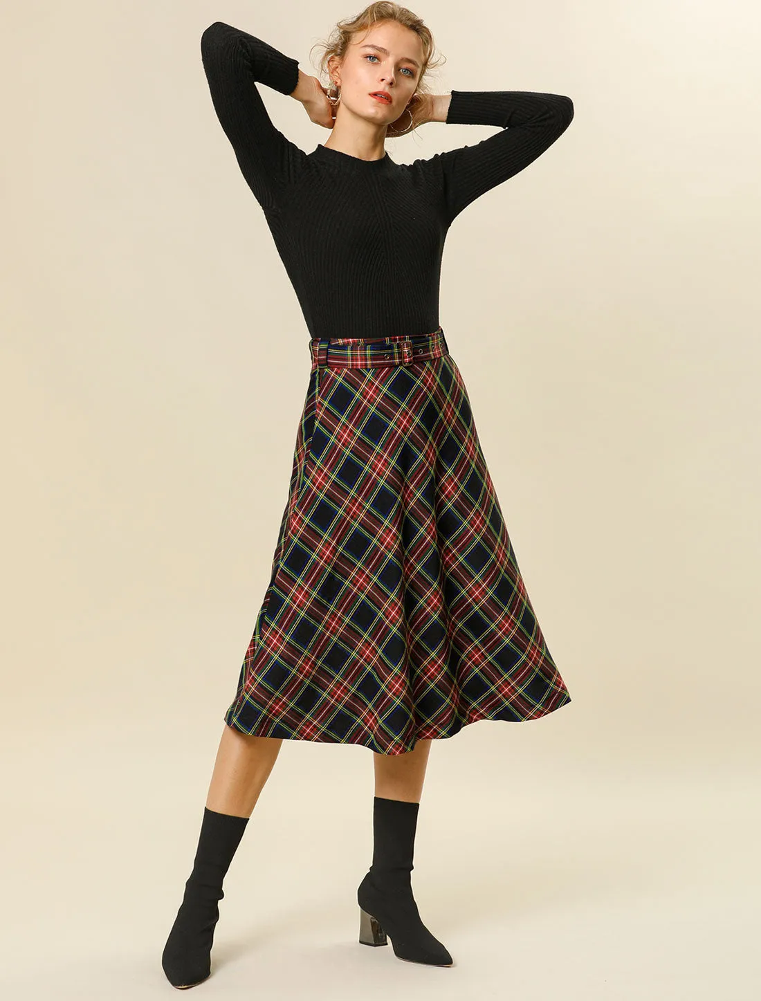 Christmas Tartan Plaid High Waist Belted Vintage A-Line Midi Skirt