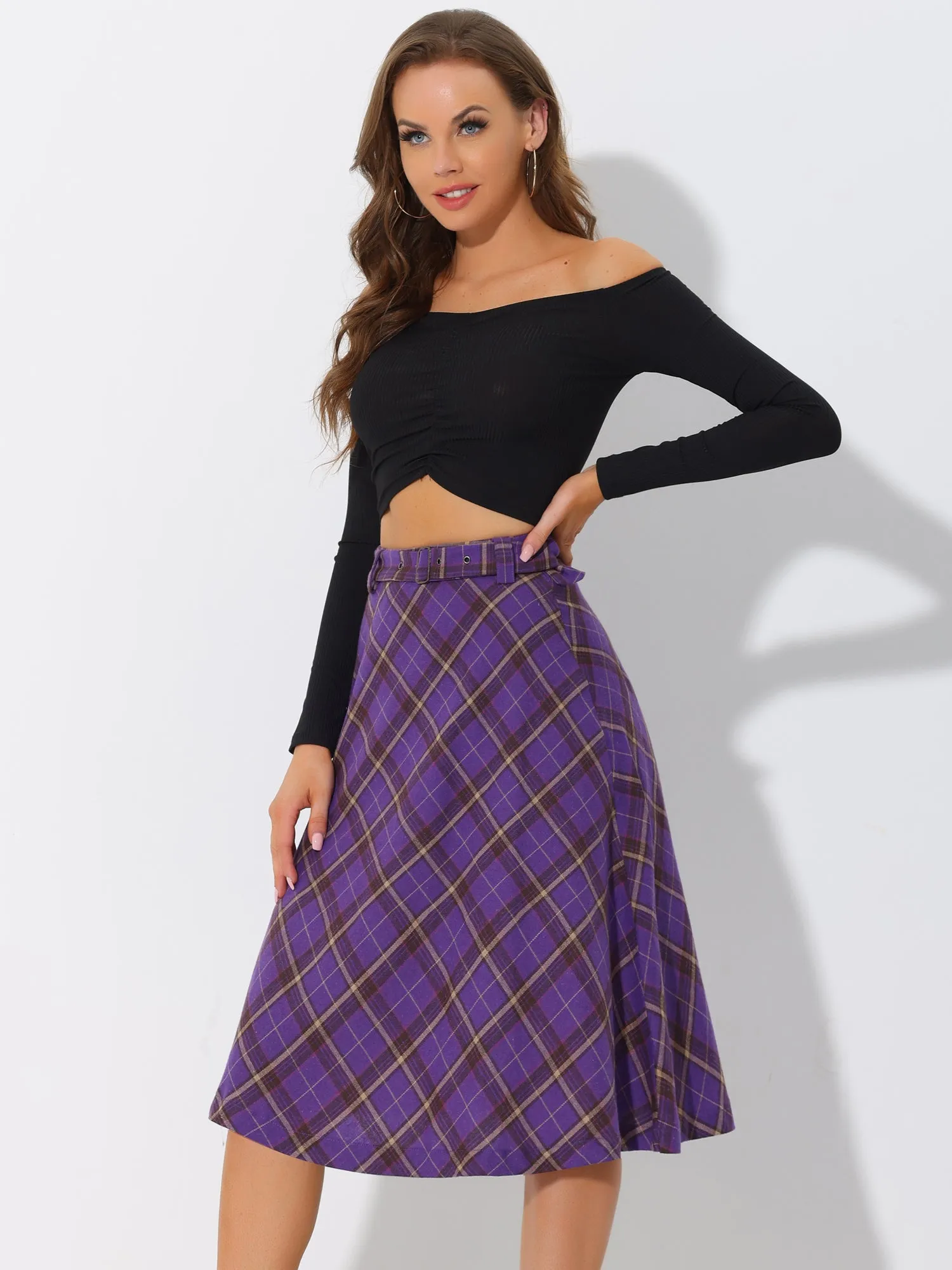 Christmas Tartan Plaid High Waist Belted Vintage A-Line Midi Skirt