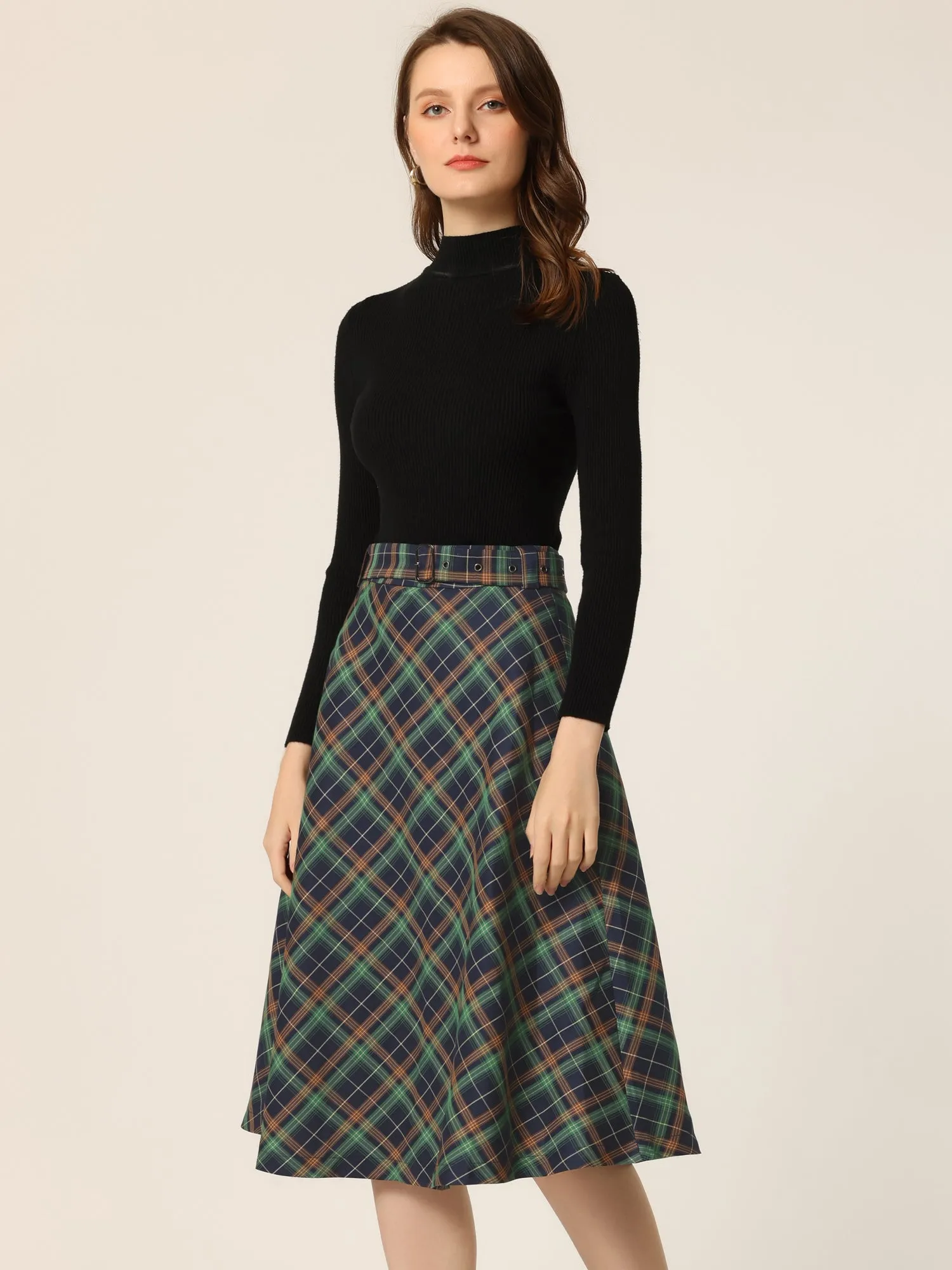 Christmas Tartan Plaid High Waist Belted Vintage A-Line Midi Skirt