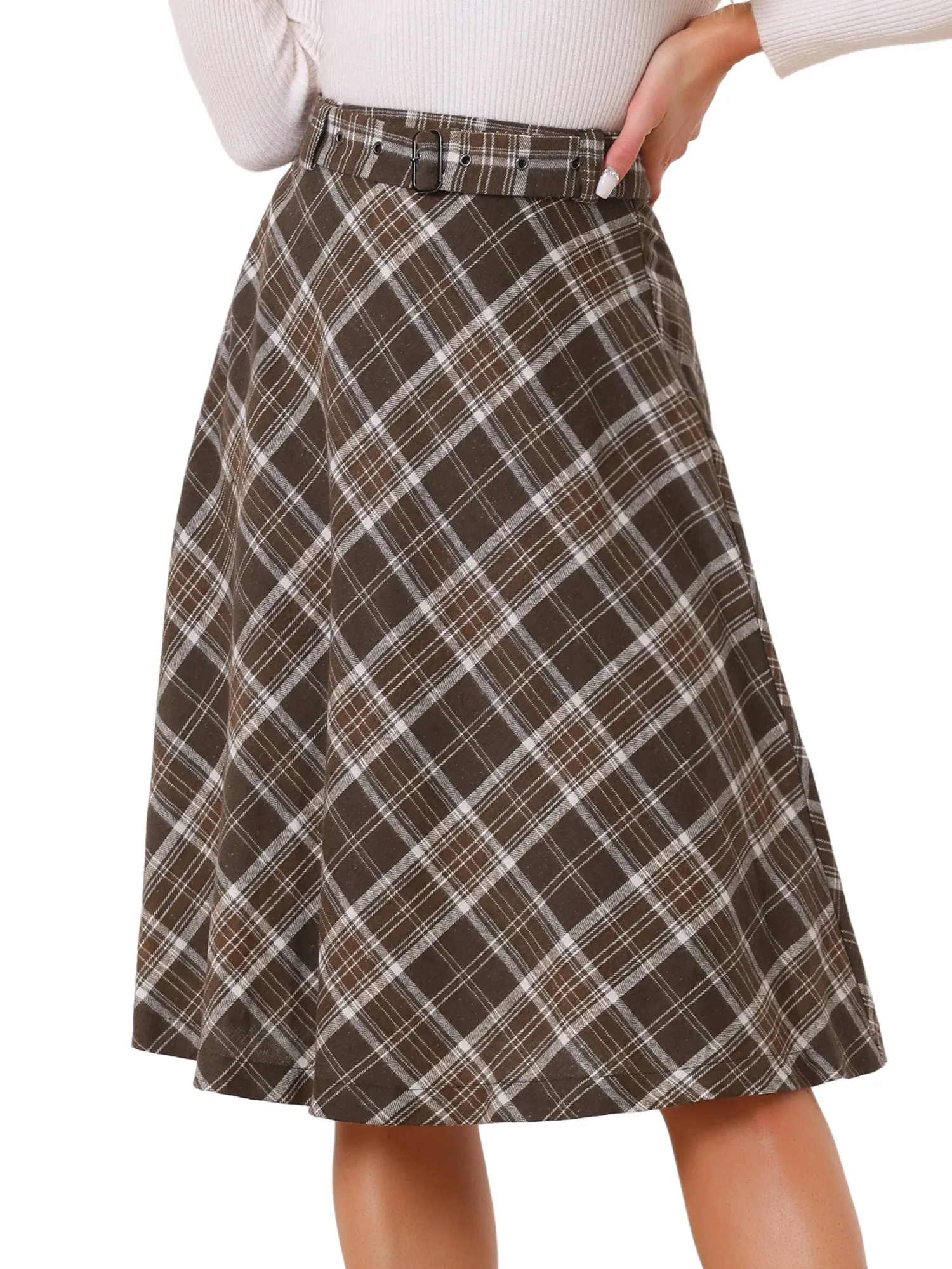 Christmas Tartan Plaid High Waist Belted Vintage A-Line Midi Skirt