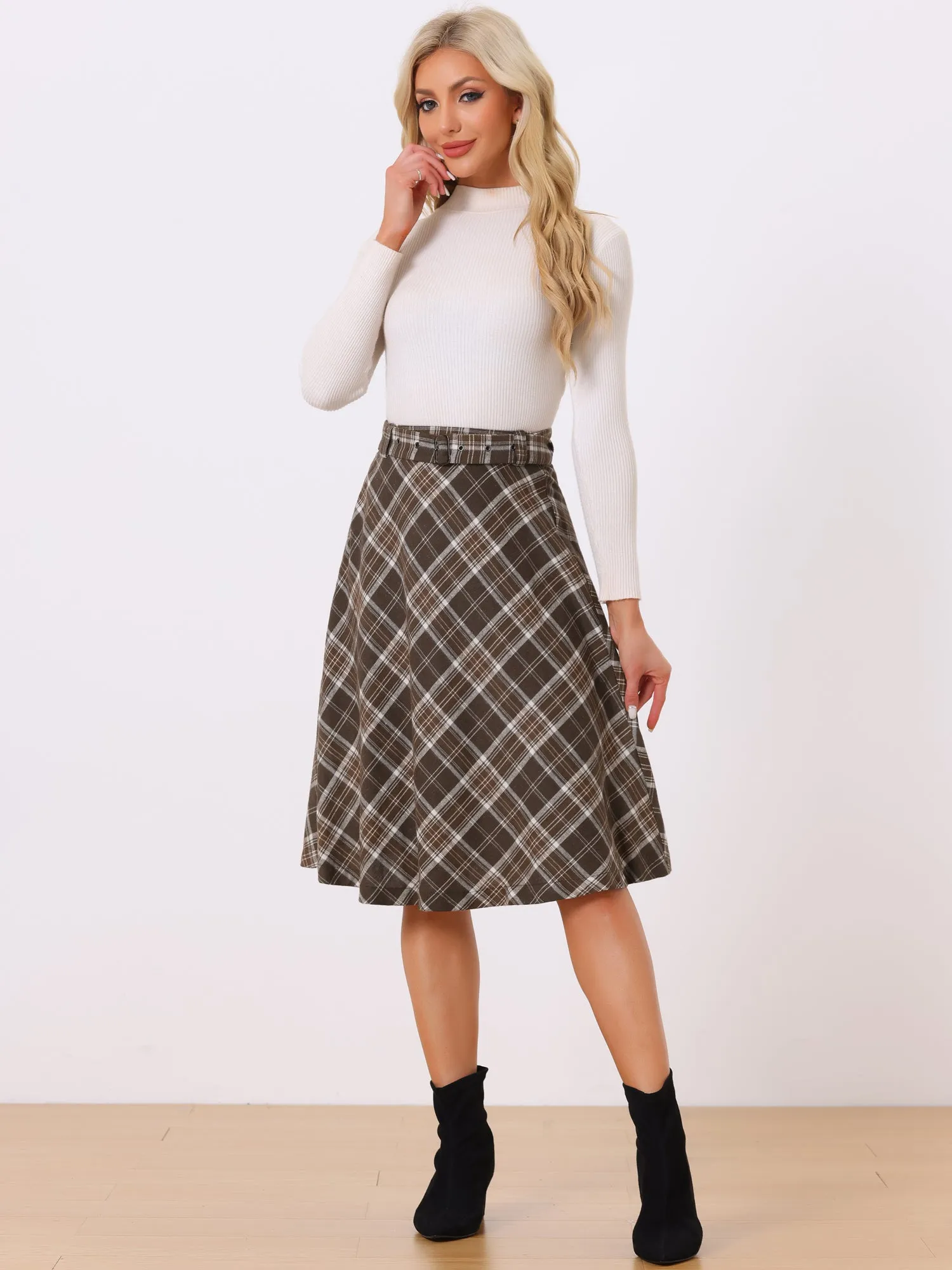 Christmas Tartan Plaid High Waist Belted Vintage A-Line Midi Skirt