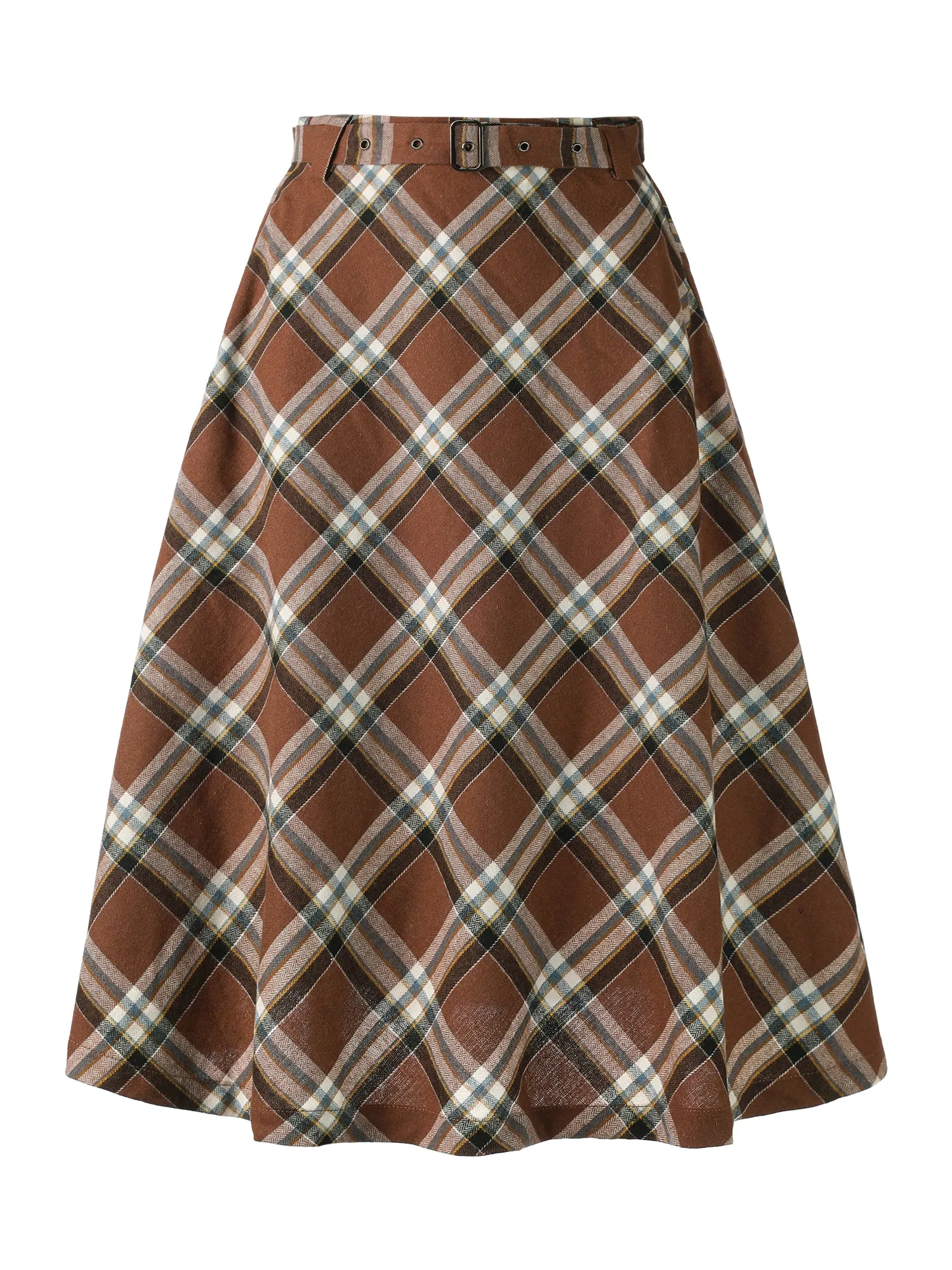 Christmas Tartan Plaid High Waist Belted Vintage A-Line Midi Skirt