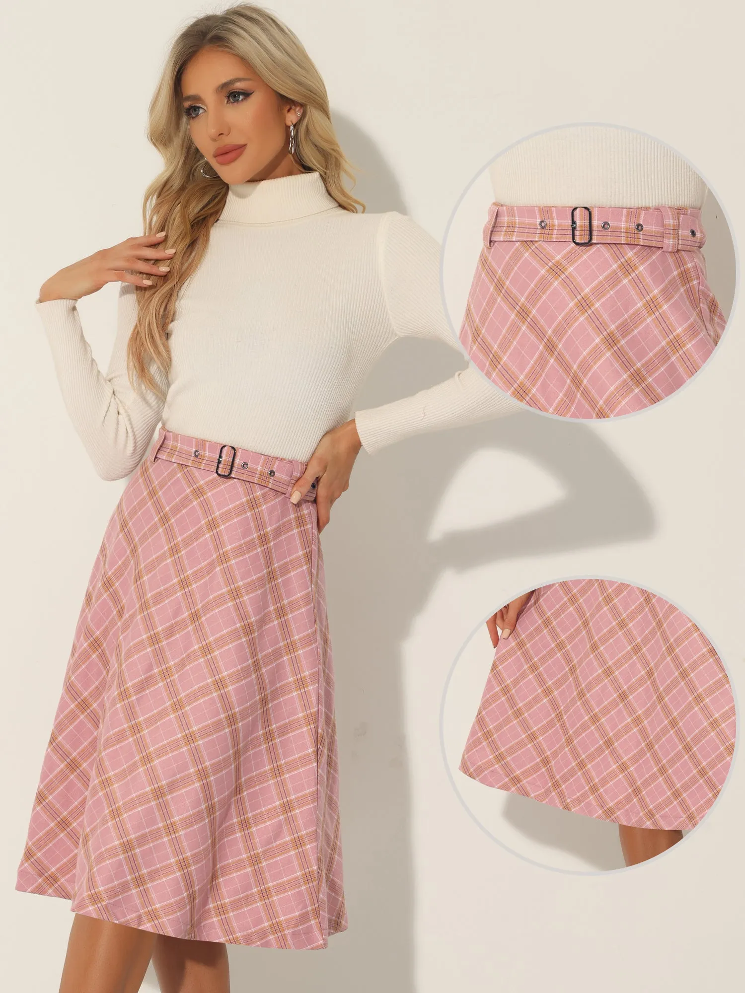 Christmas Tartan Plaid High Waist Belted Vintage A-Line Midi Skirt
