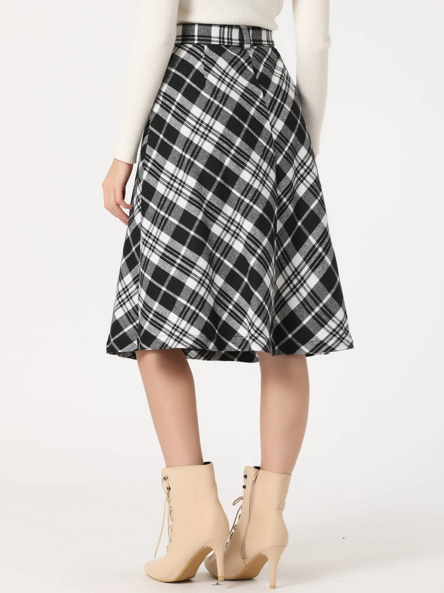 Christmas Tartan Plaid High Waist Belted Vintage A-Line Midi Skirt