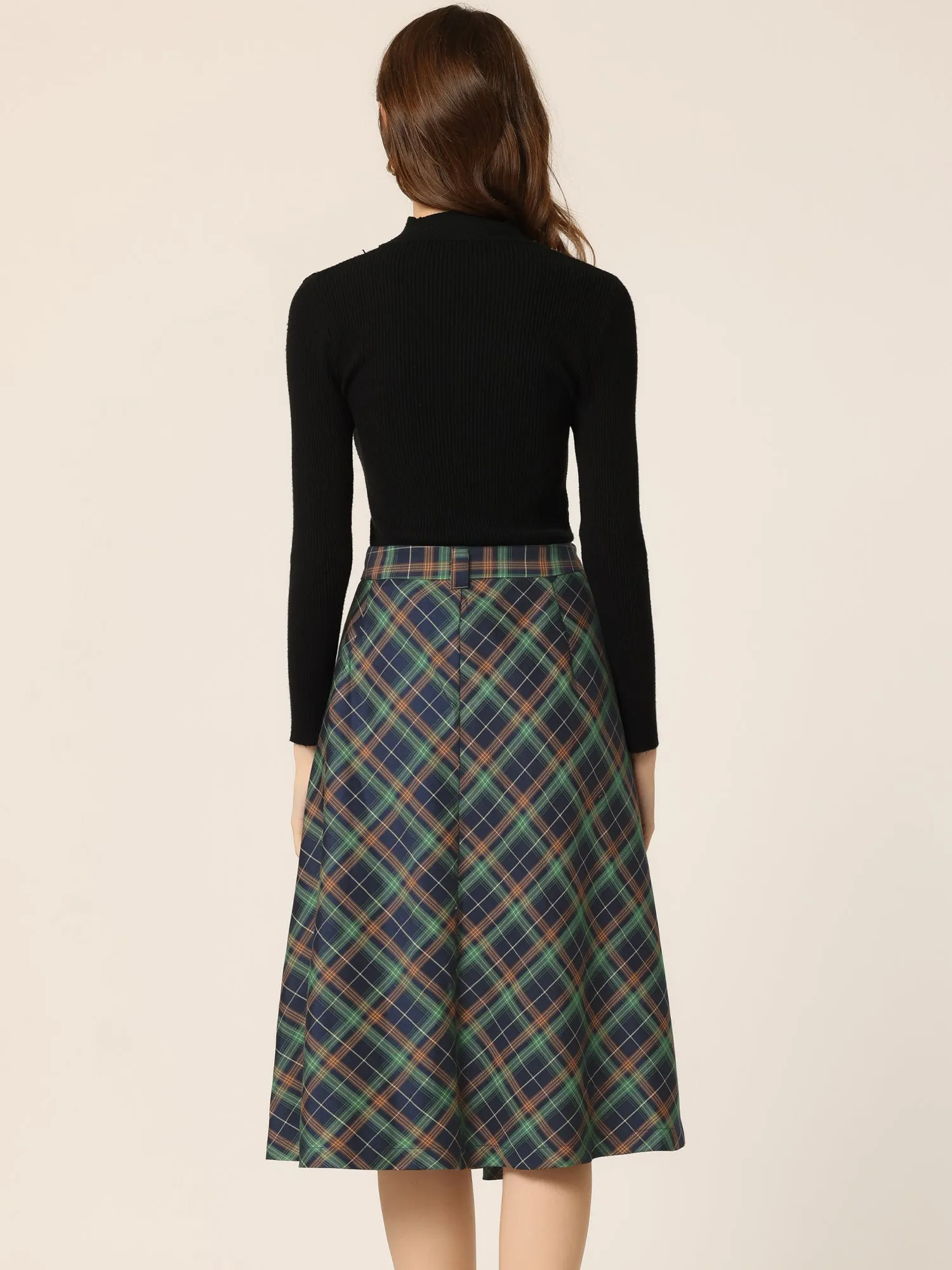 Christmas Tartan Plaid High Waist Belted Vintage A-Line Midi Skirt