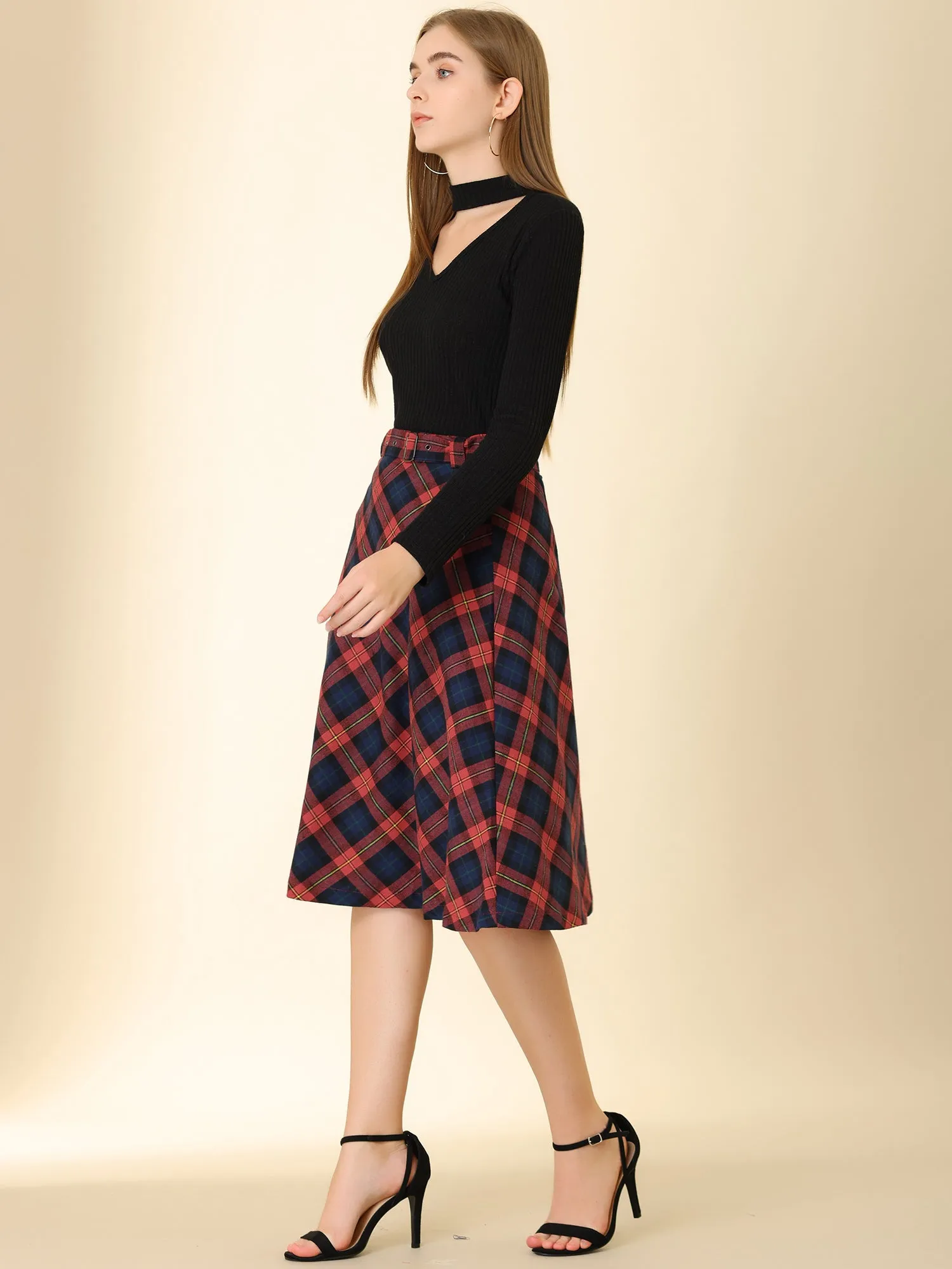 Christmas Tartan Plaid High Waist Belted Vintage A-Line Midi Skirt