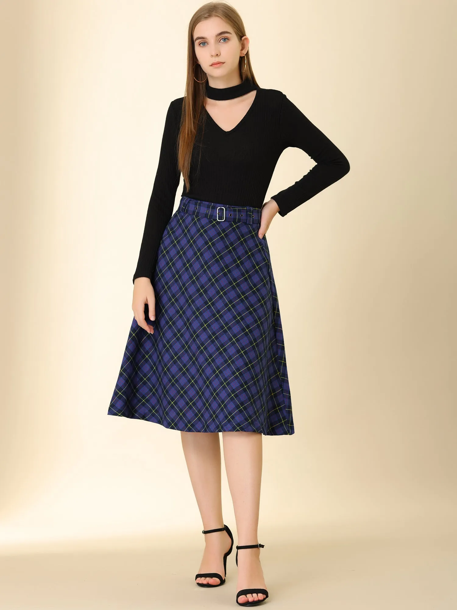 Christmas Tartan Plaid High Waist Belted Vintage A-Line Midi Skirt