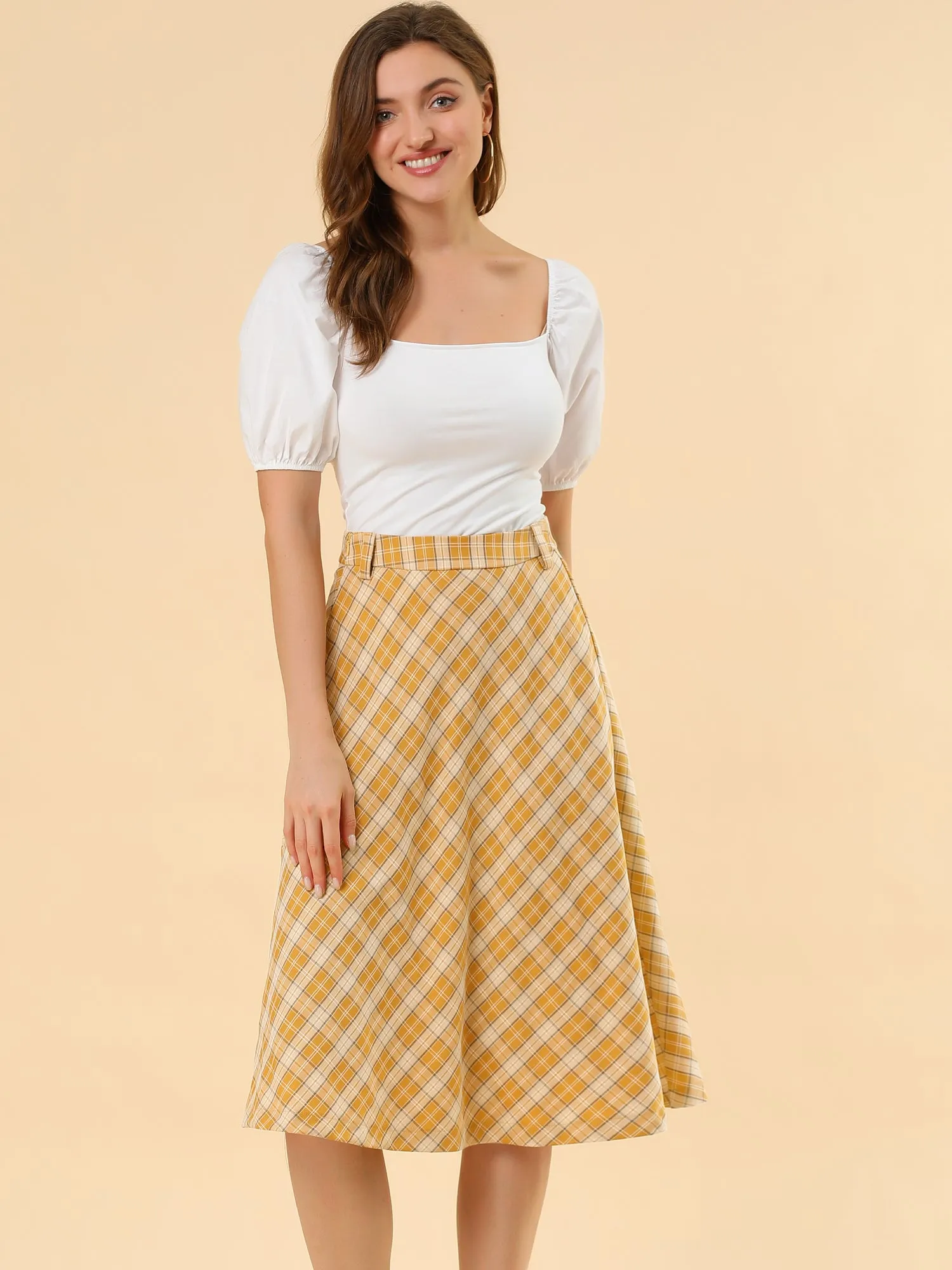 Christmas Tartan Plaid High Waist Belted Vintage A-Line Midi Skirt