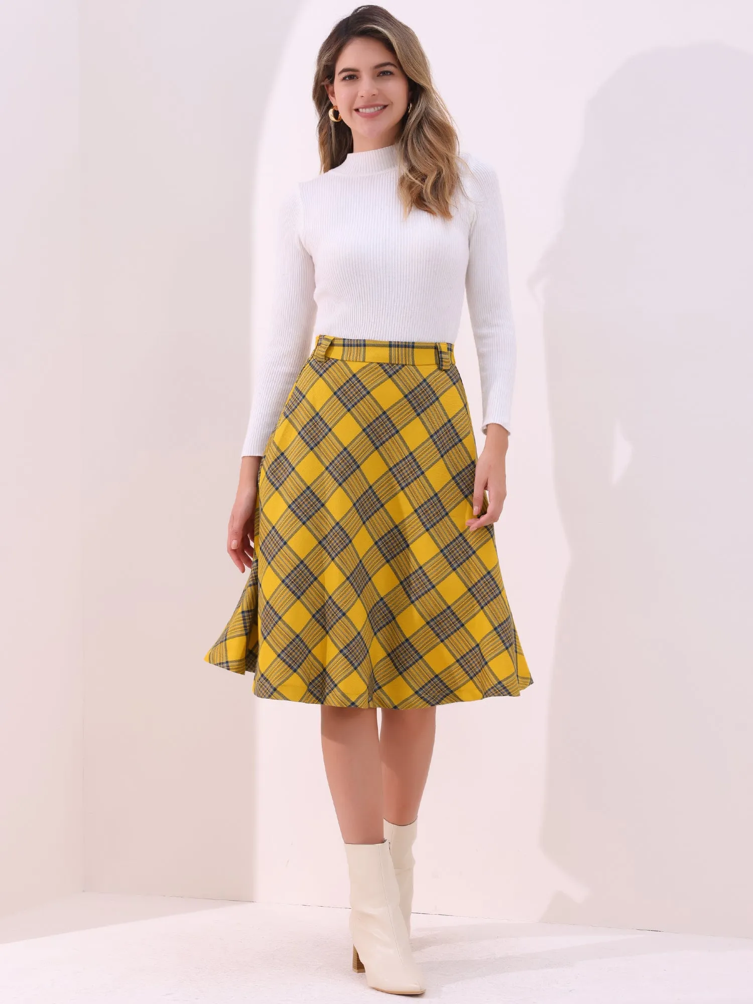 Christmas Tartan Plaid High Waist Belted Vintage A-Line Midi Skirt
