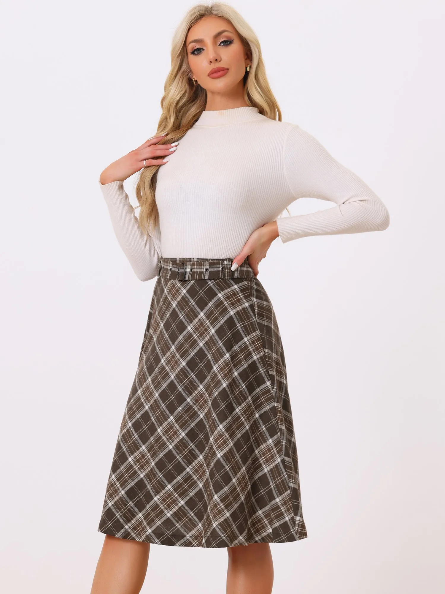 Christmas Tartan Plaid High Waist Belted Vintage A-Line Midi Skirt