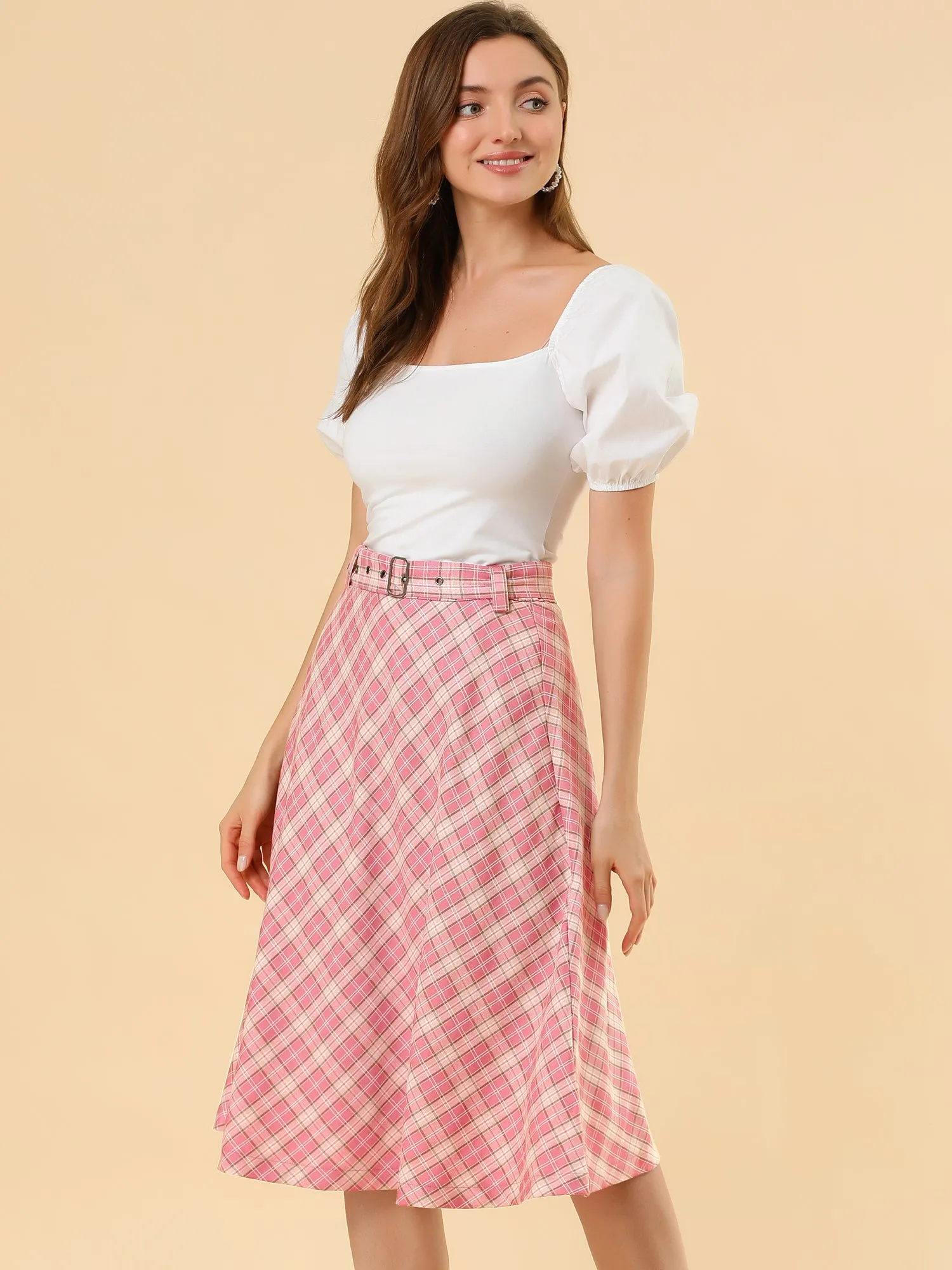 Christmas Tartan Plaid High Waist Belted Vintage A-Line Midi Skirt