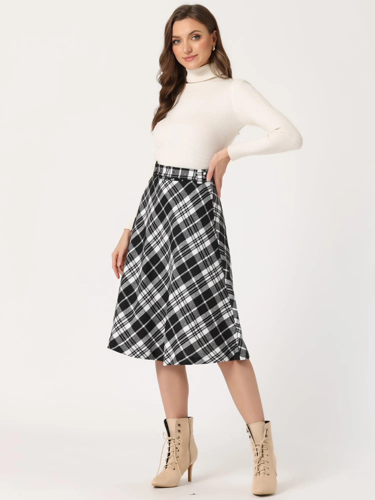 Christmas Tartan Plaid High Waist Belted Vintage A-Line Midi Skirt