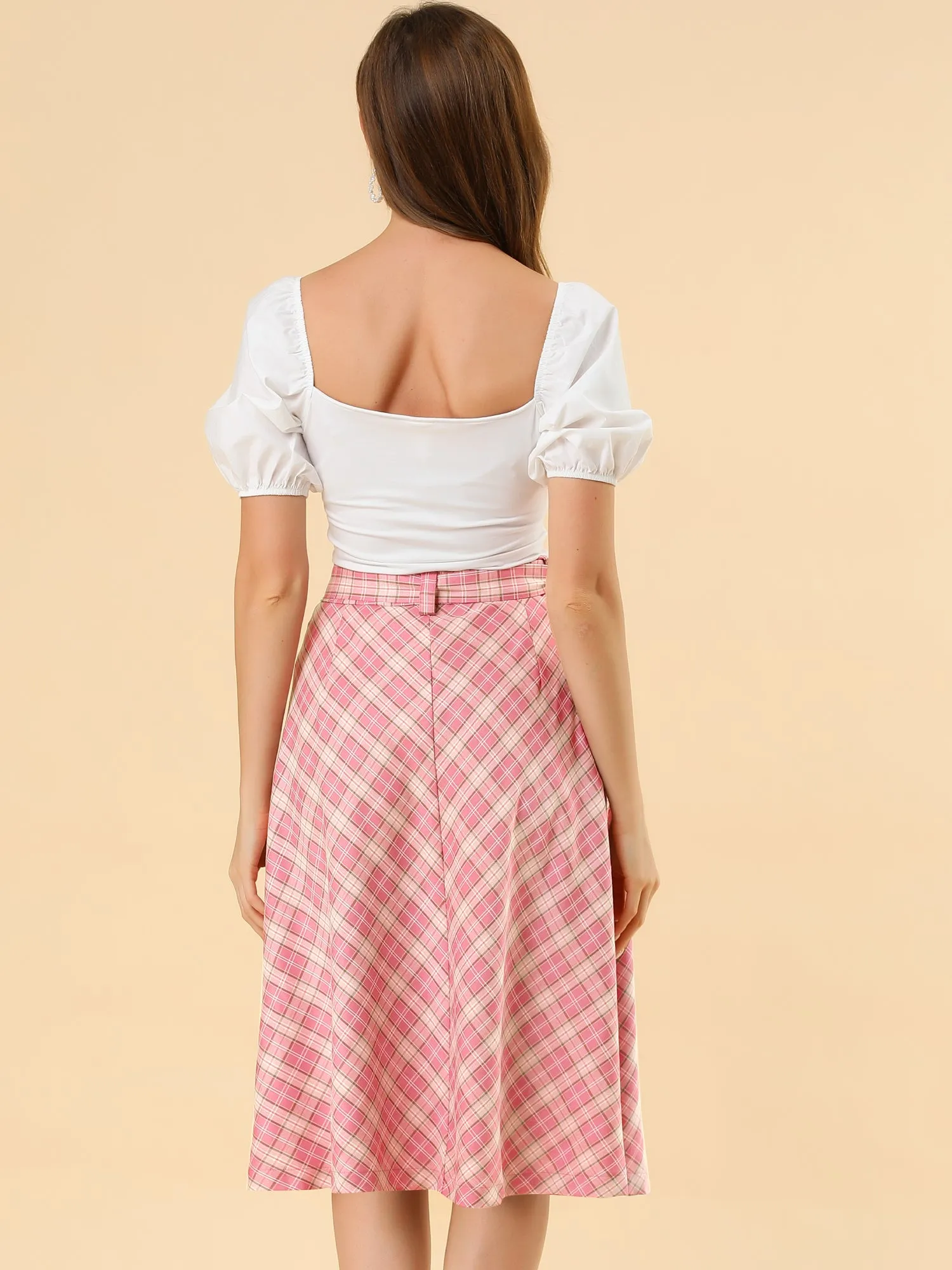 Christmas Tartan Plaid High Waist Belted Vintage A-Line Midi Skirt