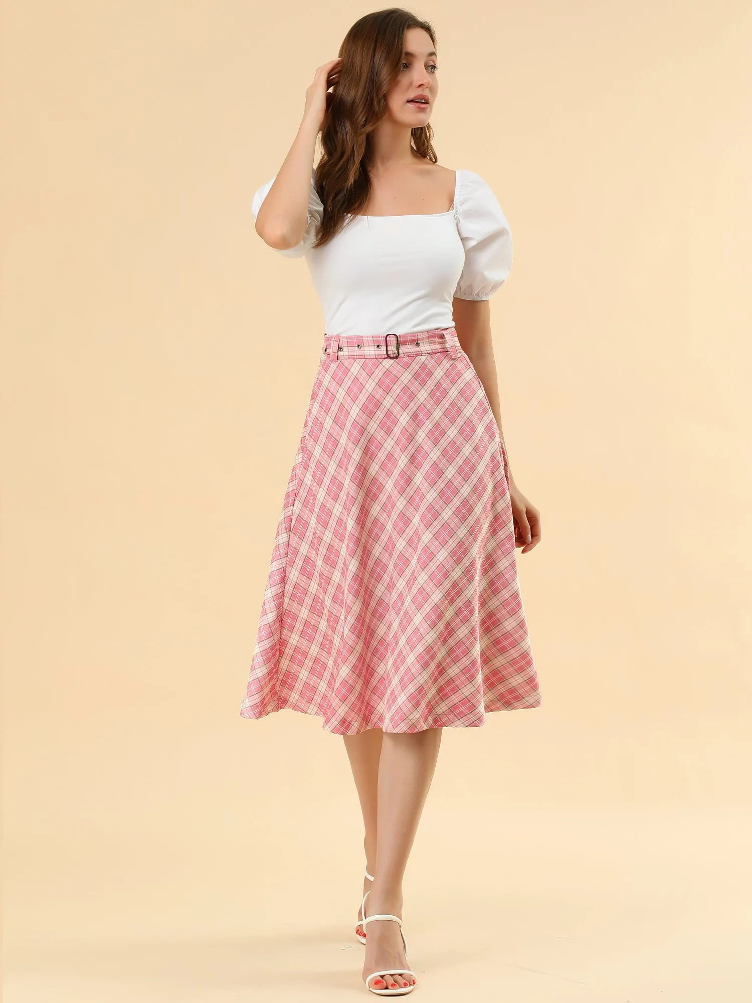 Christmas Tartan Plaid High Waist Belted Vintage A-Line Midi Skirt