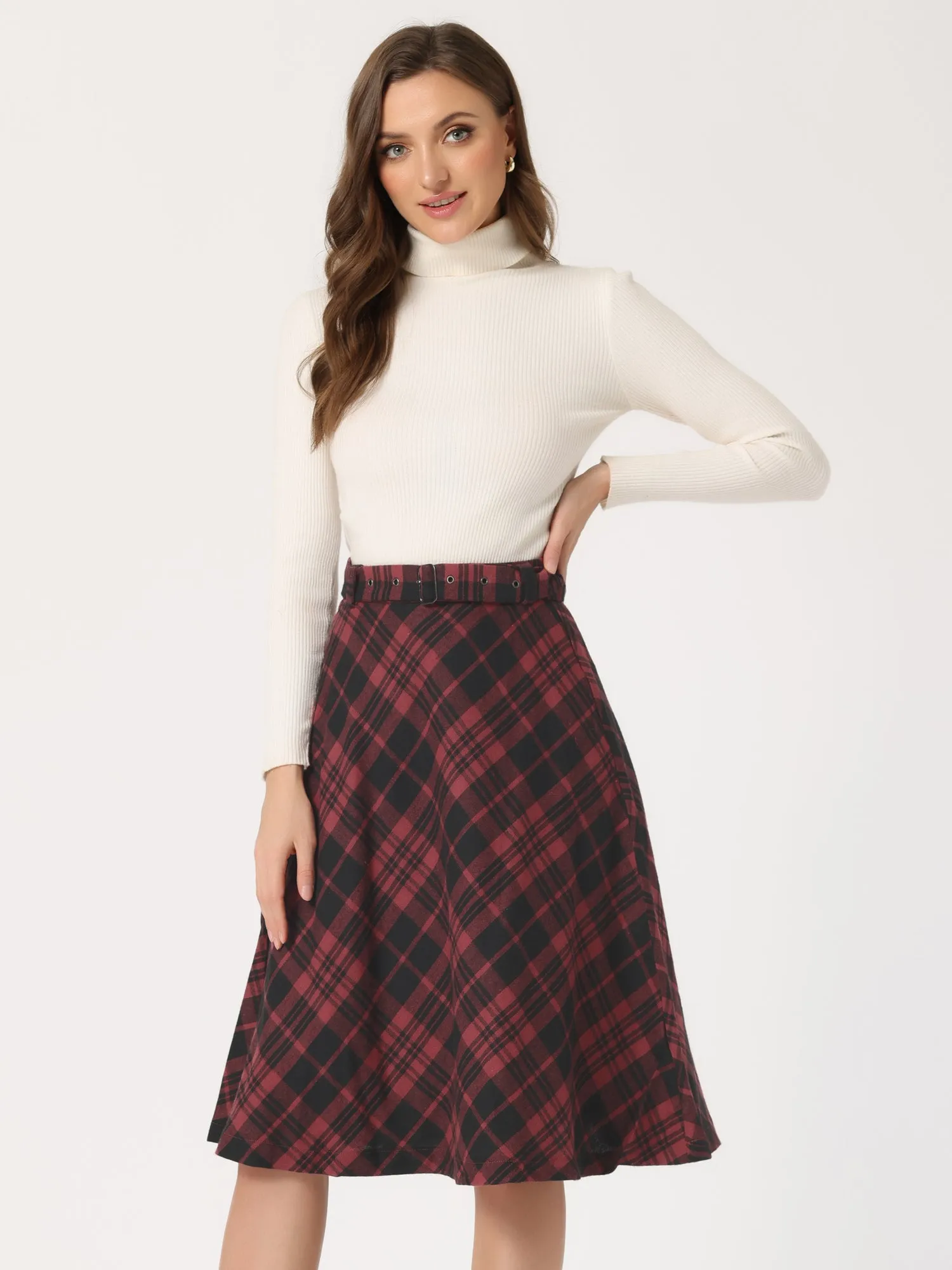 Christmas Tartan Plaid High Waist Belted Vintage A-Line Midi Skirt