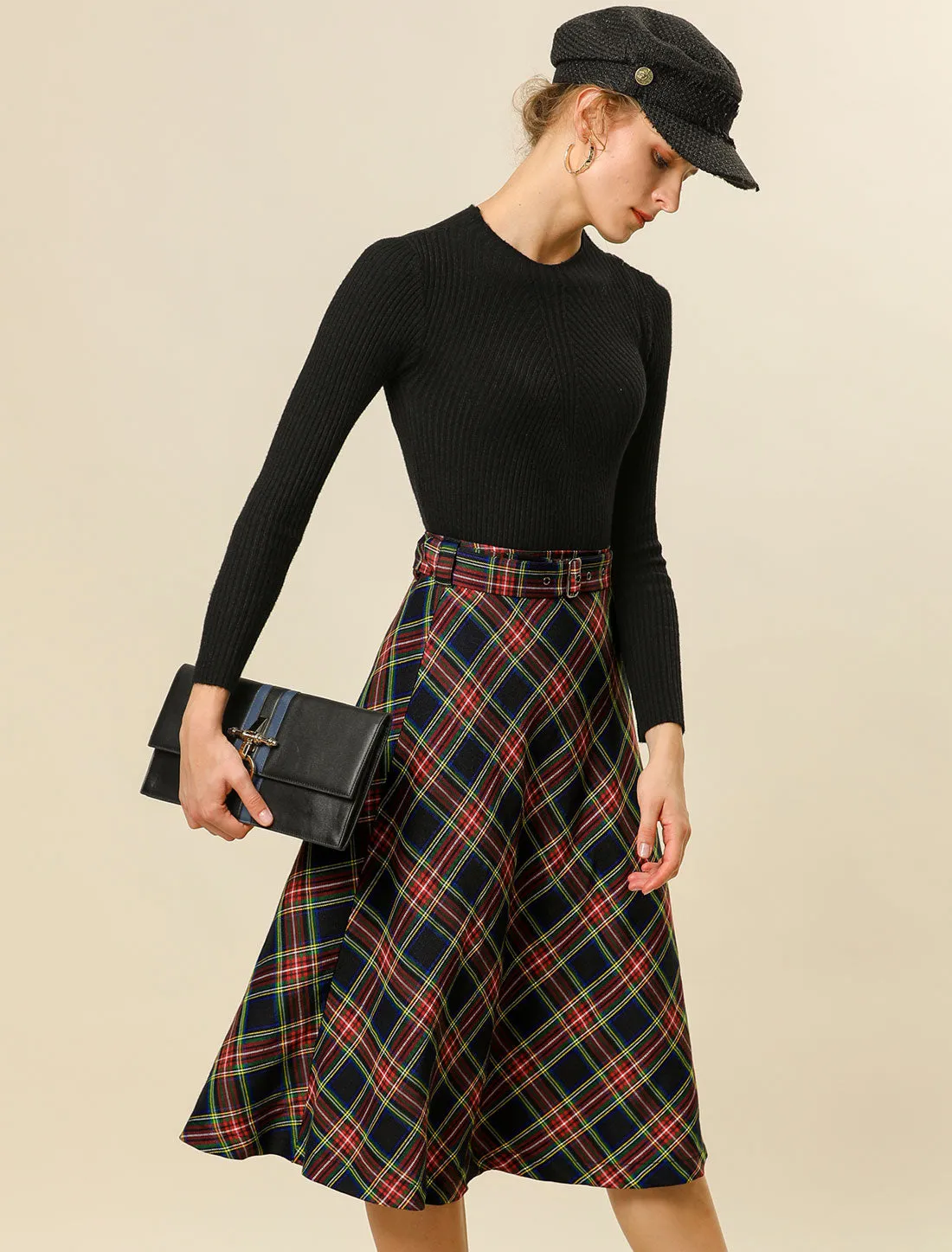Christmas Tartan Plaid High Waist Belted Vintage A-Line Midi Skirt