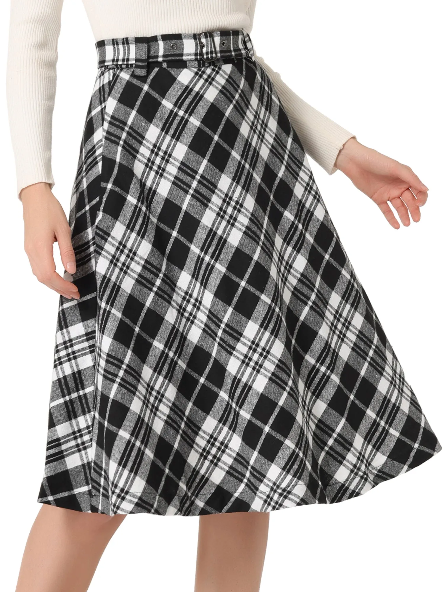 Christmas Tartan Plaid High Waist Belted Vintage A-Line Midi Skirt