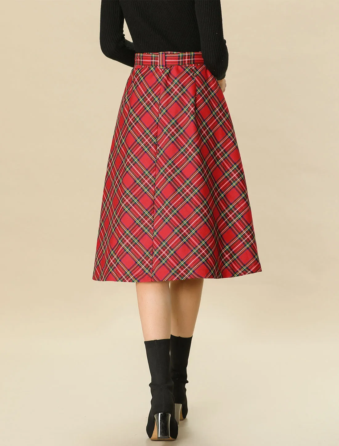 Christmas Tartan Plaid High Waist Belted Vintage A-Line Midi Skirt