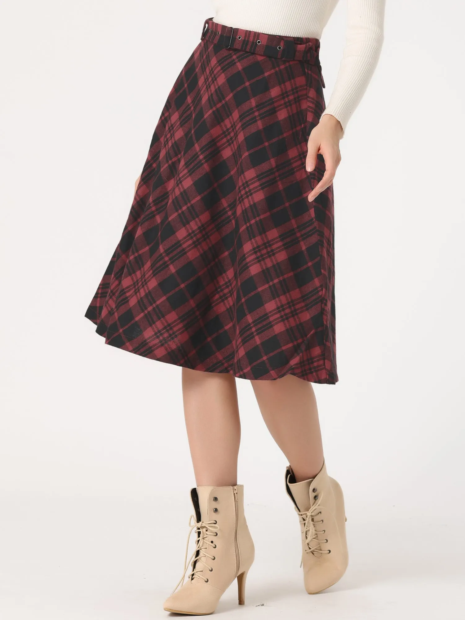 Christmas Tartan Plaid High Waist Belted Vintage A-Line Midi Skirt