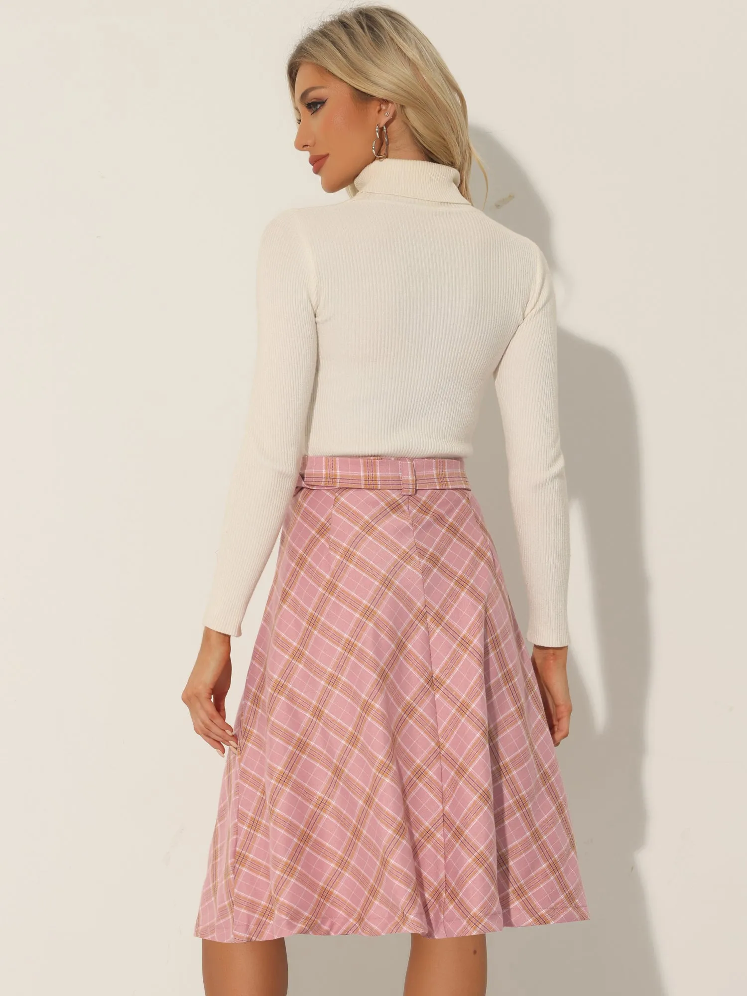 Christmas Tartan Plaid High Waist Belted Vintage A-Line Midi Skirt