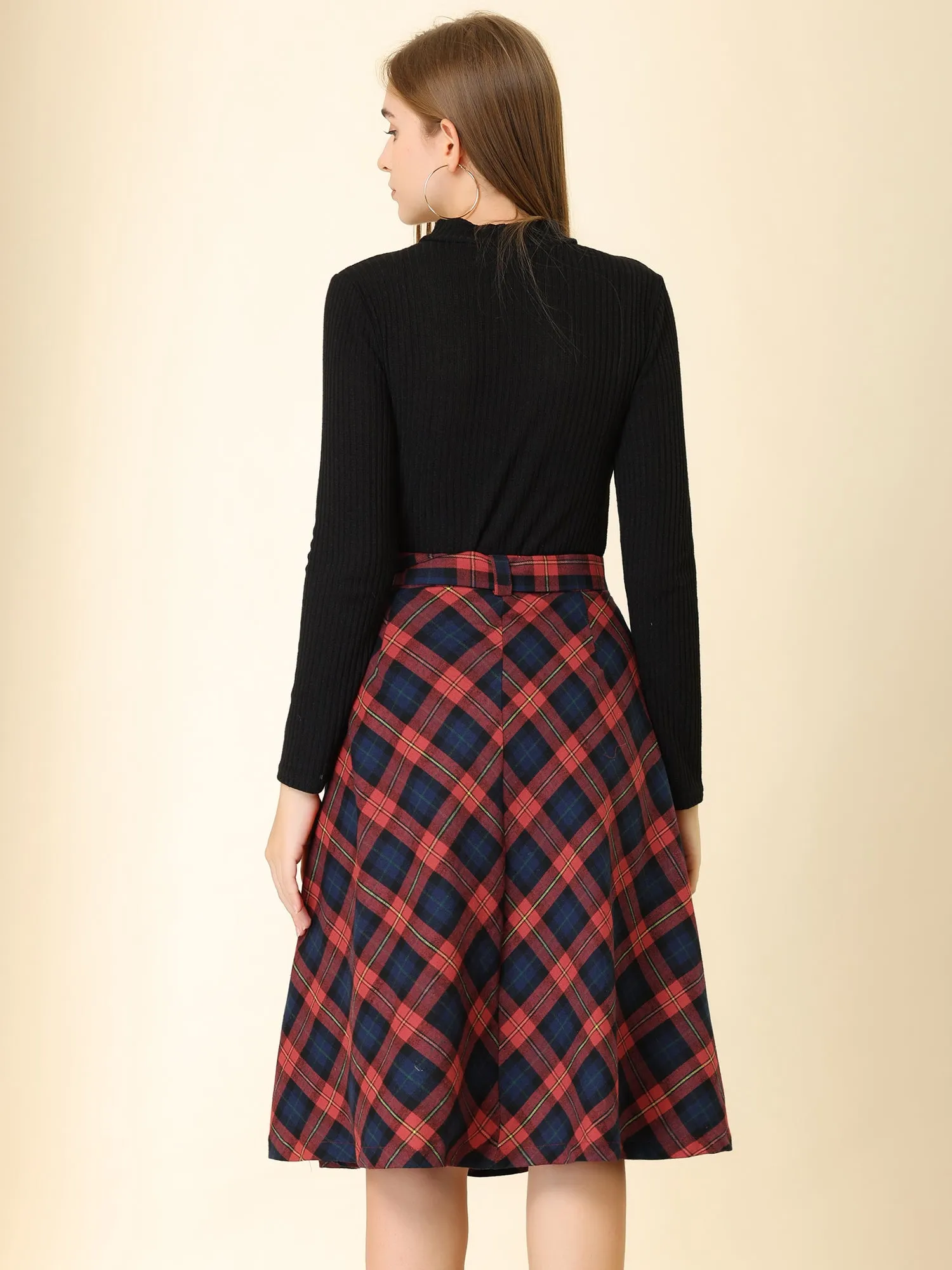 Christmas Tartan Plaid High Waist Belted Vintage A-Line Midi Skirt