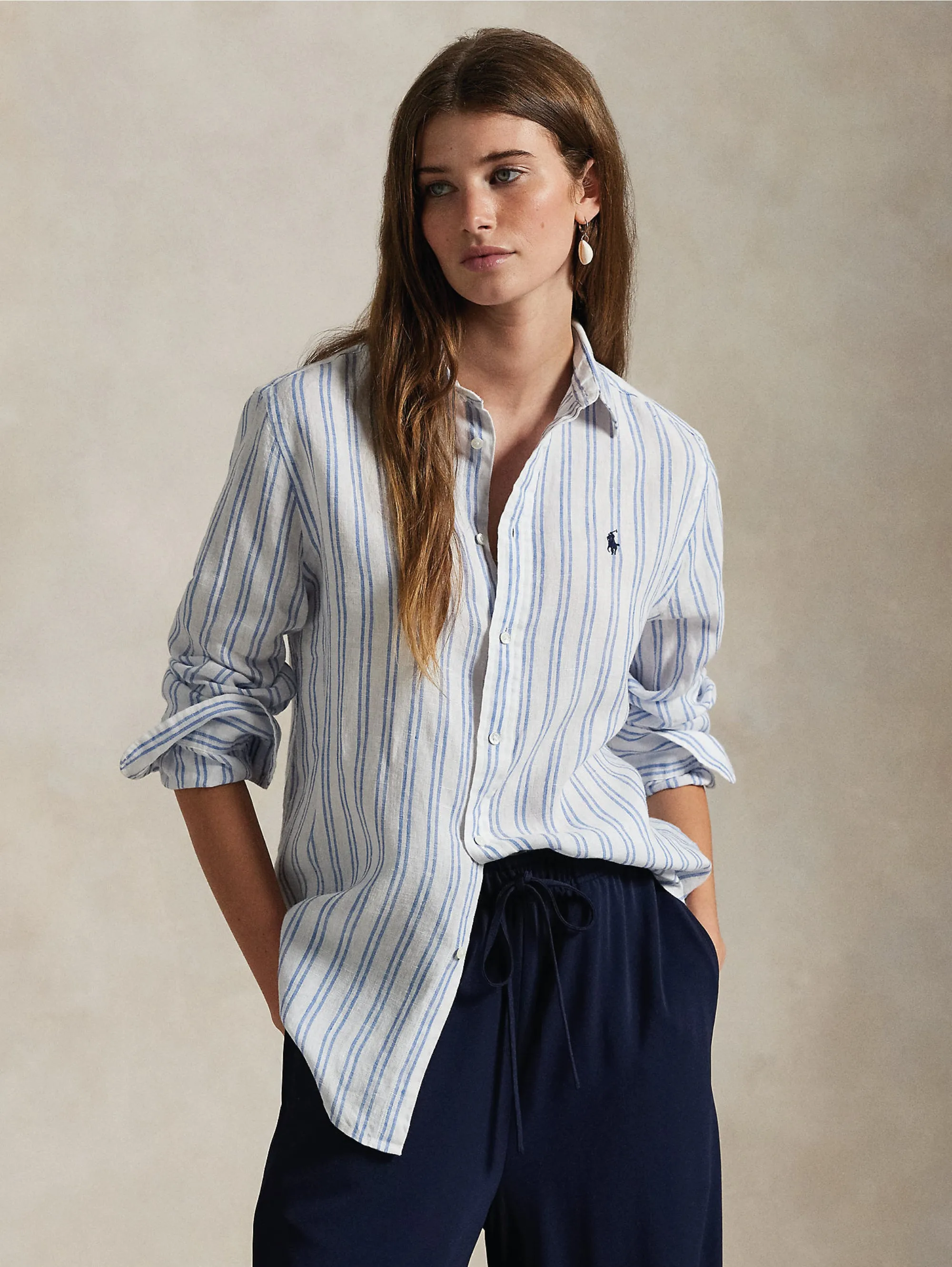 Classic Fit Striped Linen Shirt White/Blue