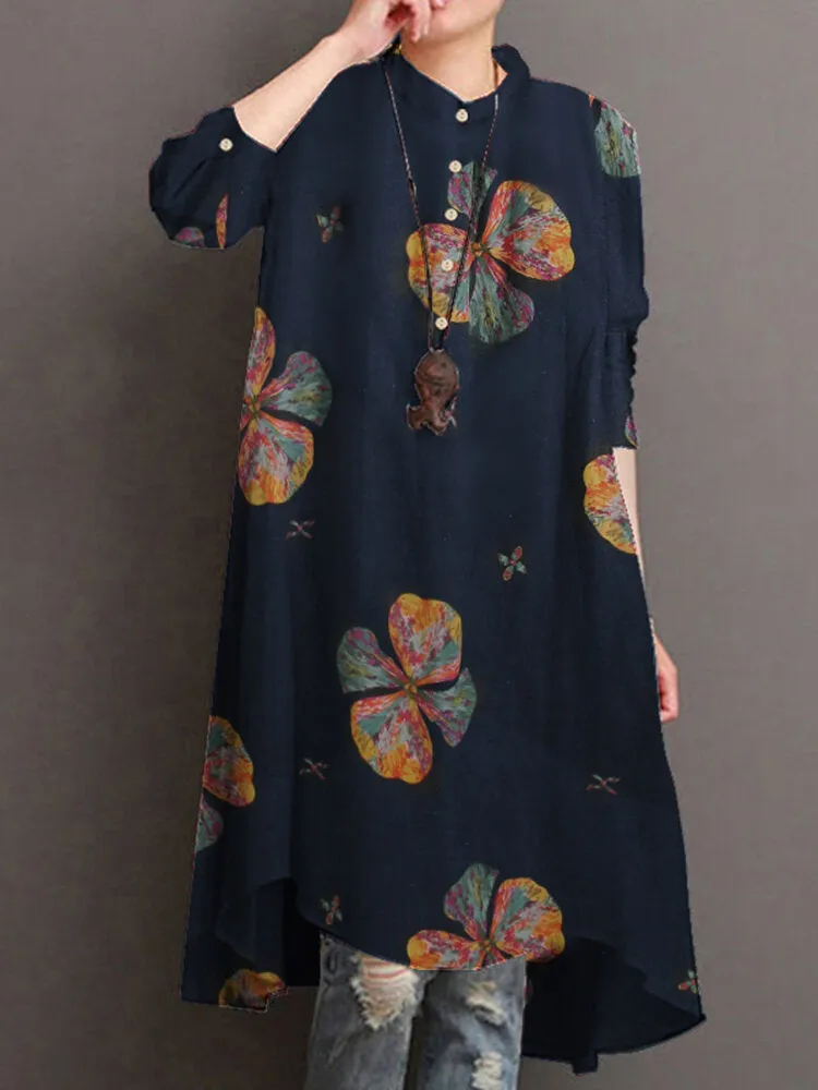 Cotton Button Vintage Print High-low Hem Retro Shirt Women Midi Dress