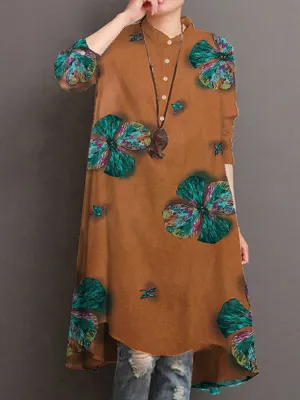 Cotton Button Vintage Print High-low Hem Retro Shirt Women Midi Dress