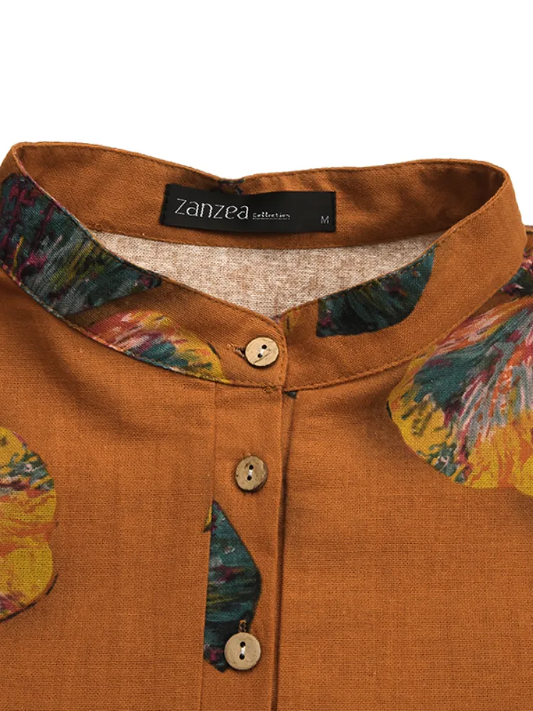 Cotton Button Vintage Print High-low Hem Retro Shirt Women Midi Dress