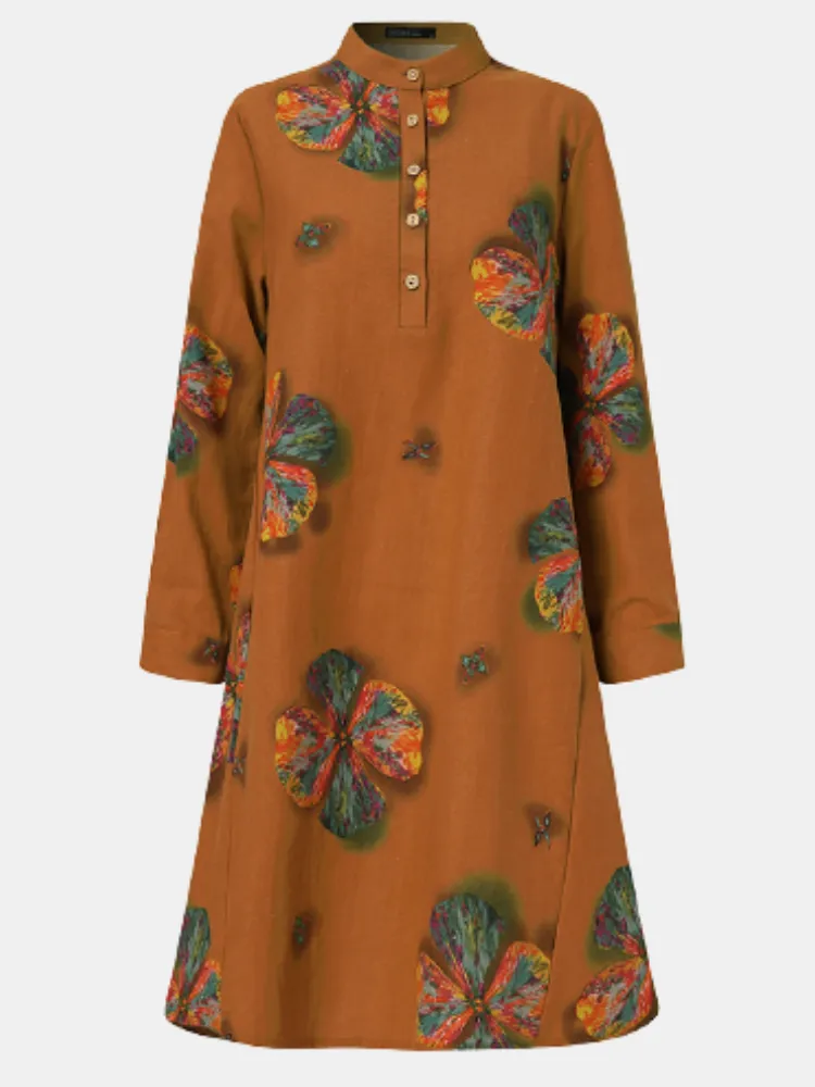 Cotton Button Vintage Print High-low Hem Retro Shirt Women Midi Dress