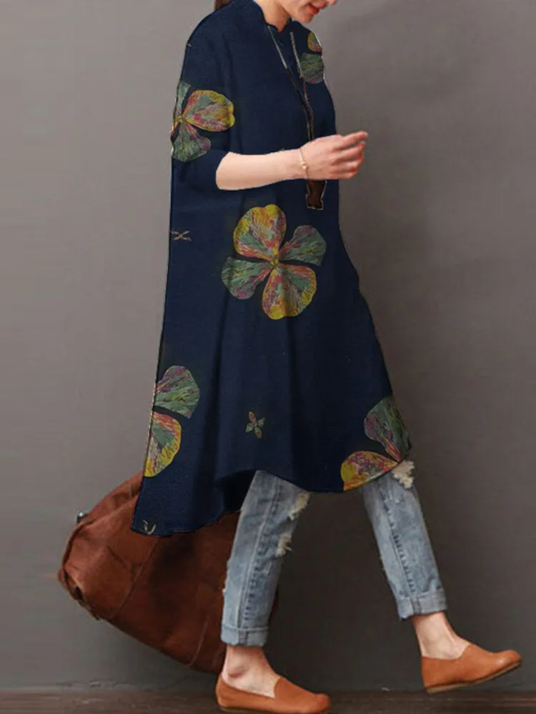 Cotton Button Vintage Print High-low Hem Retro Shirt Women Midi Dress