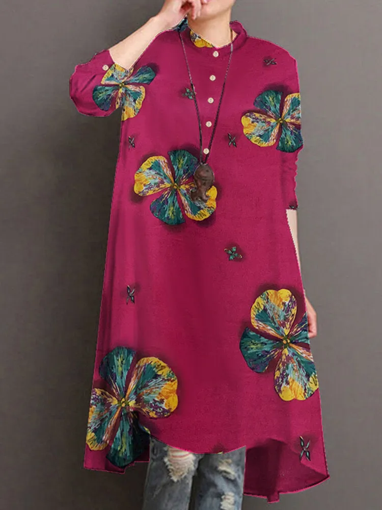 Cotton Button Vintage Print High-low Hem Retro Shirt Women Midi Dress