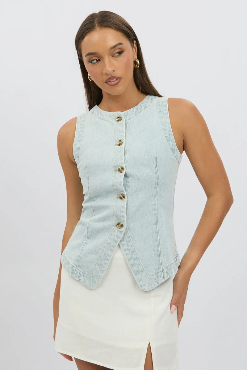 Denim High Neck Vest