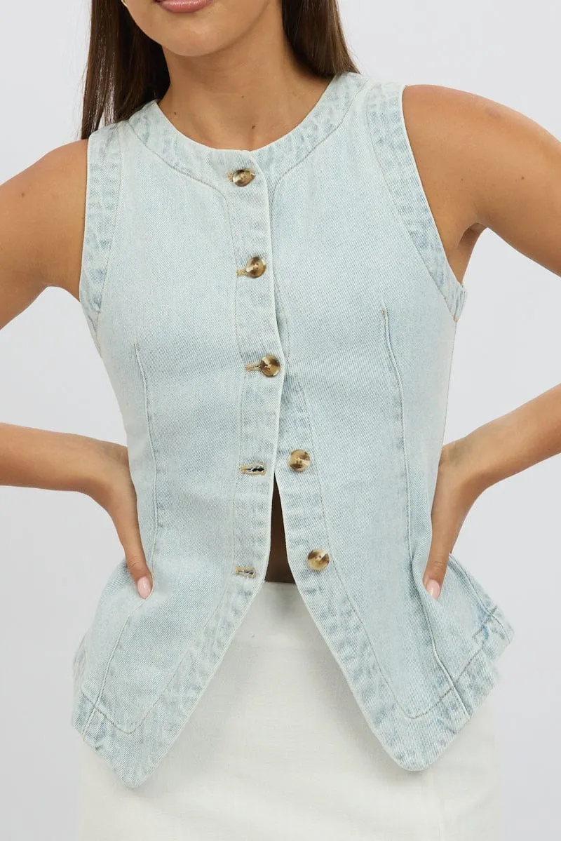 Denim High Neck Vest
