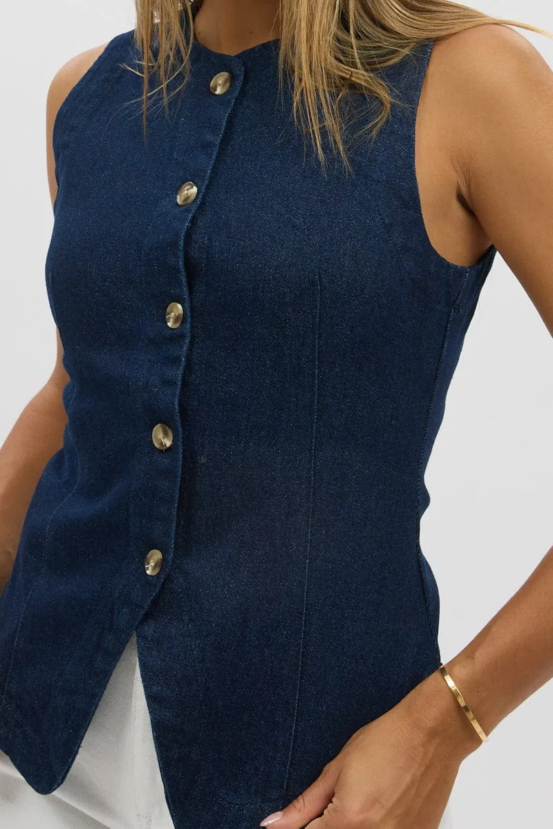 Denim High Neck Vest