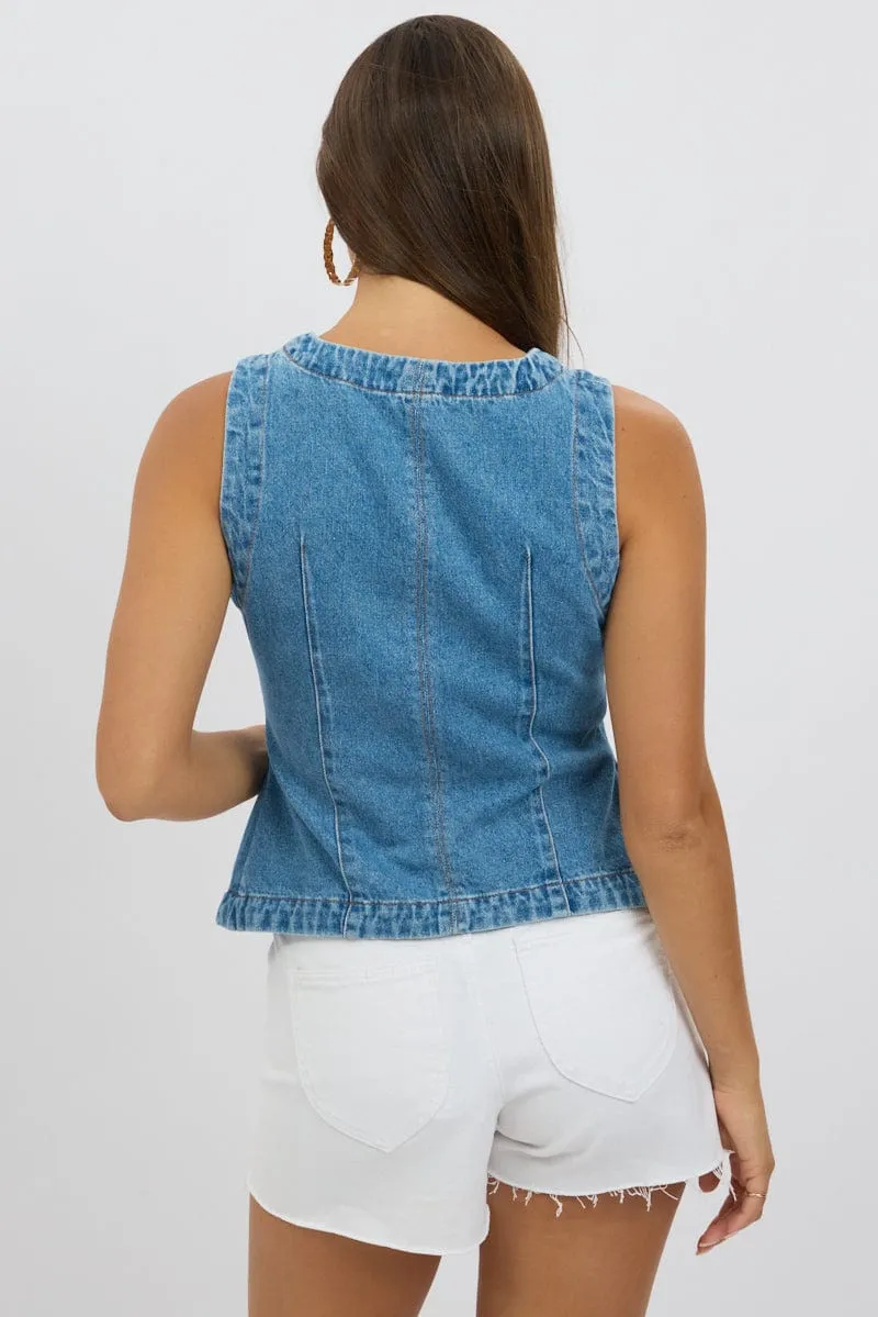 Denim High Neck Vest