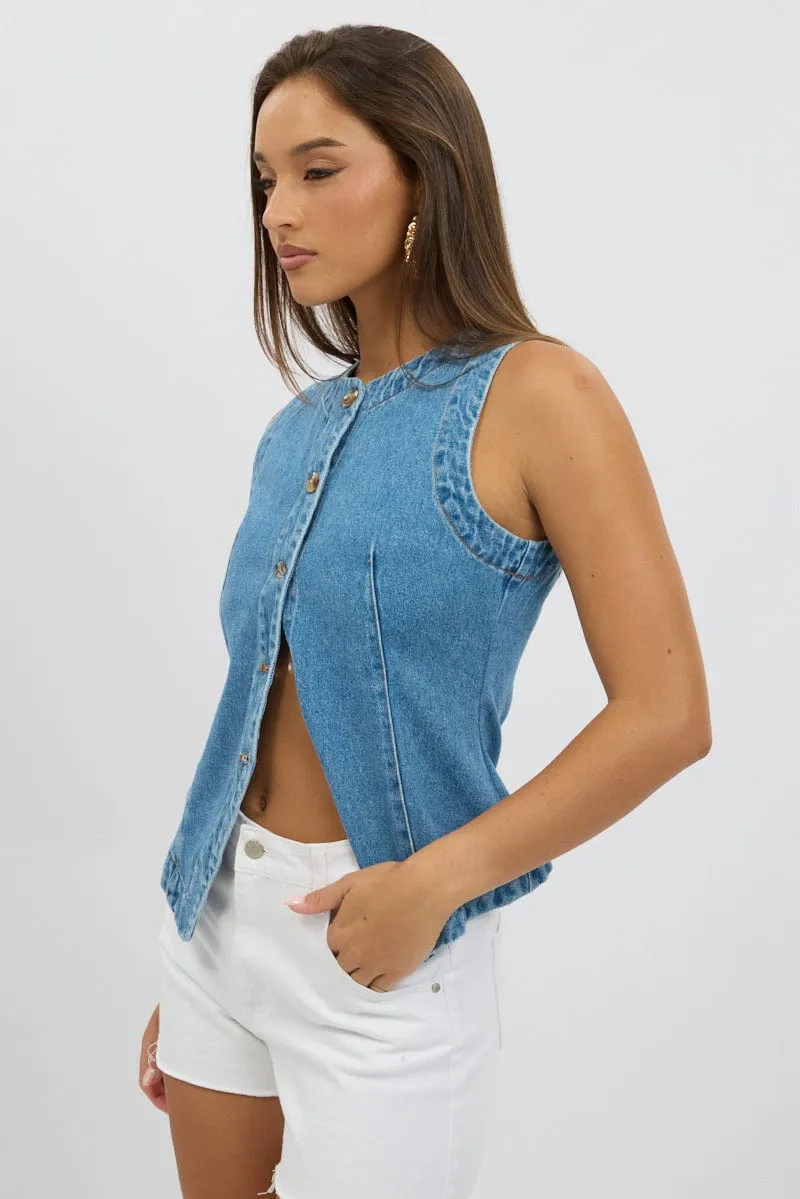 Denim High Neck Vest
