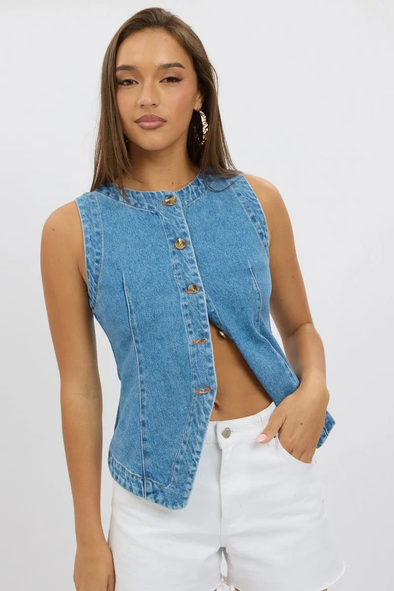Denim High Neck Vest