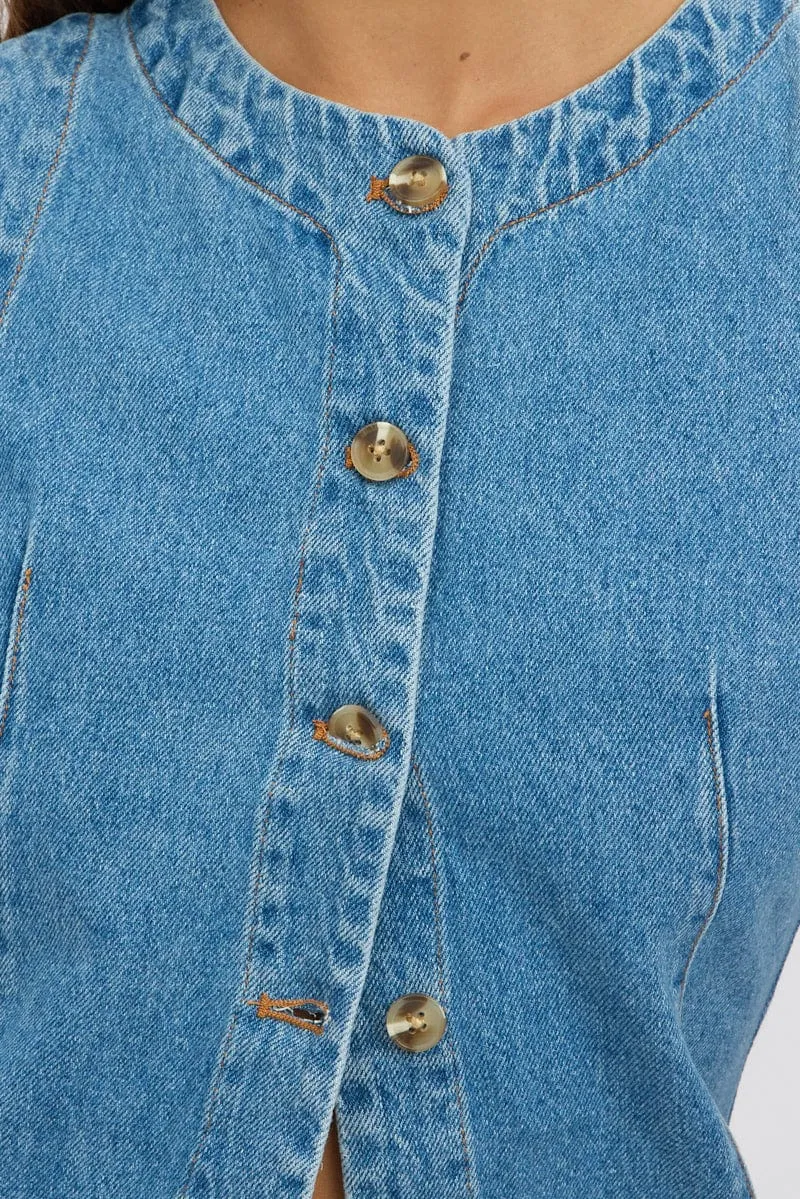 Denim High Neck Vest